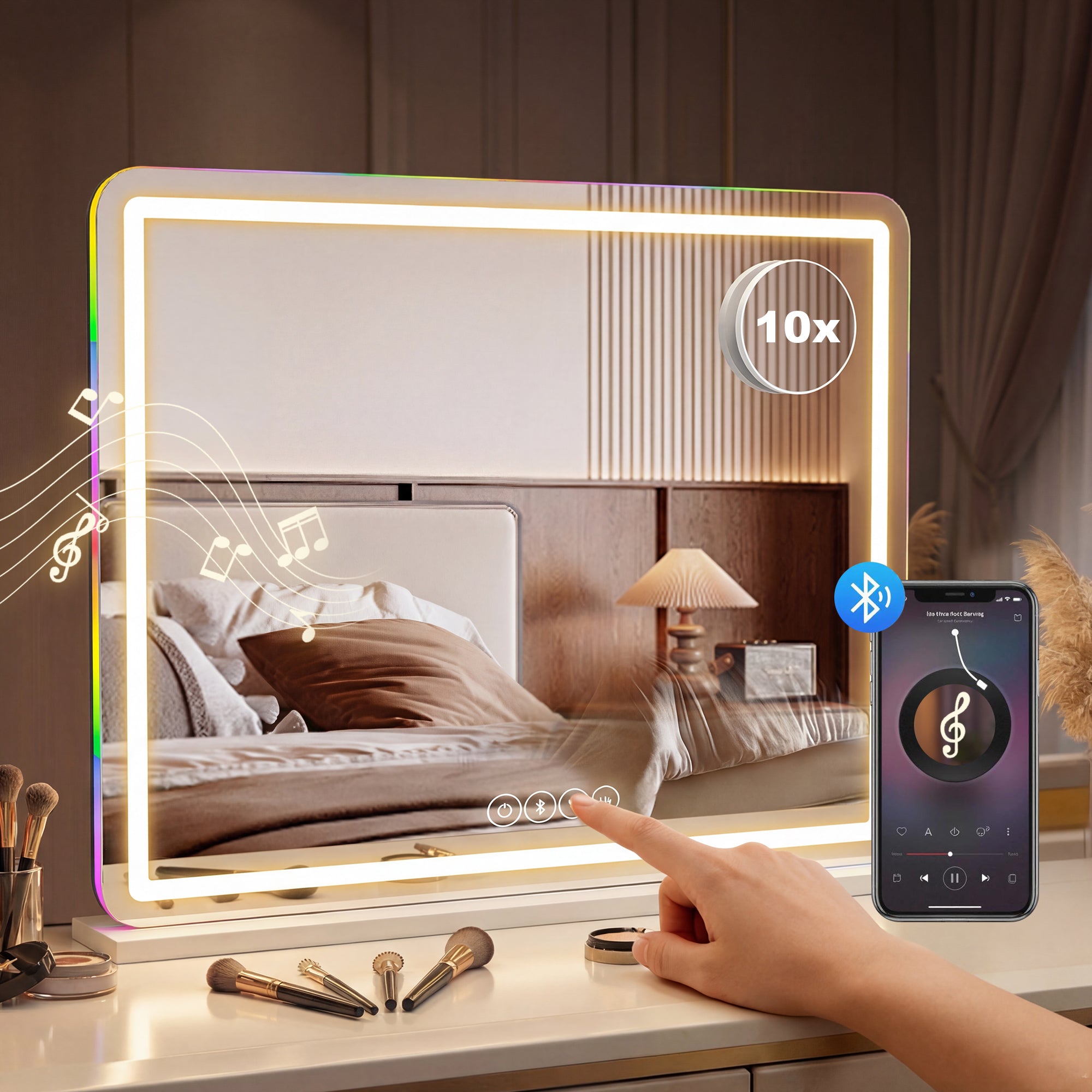 Vanity Mirror with Lights, Dimmable Makeup Mirror with Adjustable Colour Temperature, RGB Light, Bluetooth Speaker, 10X Magnification, Touch Control, 80 x 60 cm, Tabletop & Wall-Mounted, White