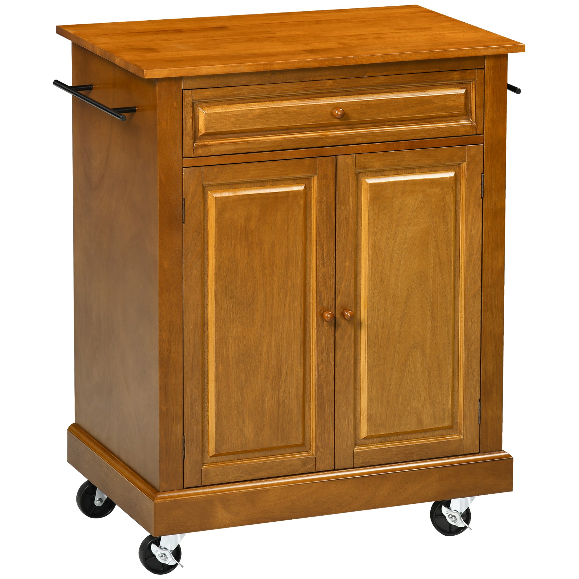 Modern Kitchen Island on Wheels Rolling Cart with Drawer Storage Cabinet and 2 Towel Racks Brown