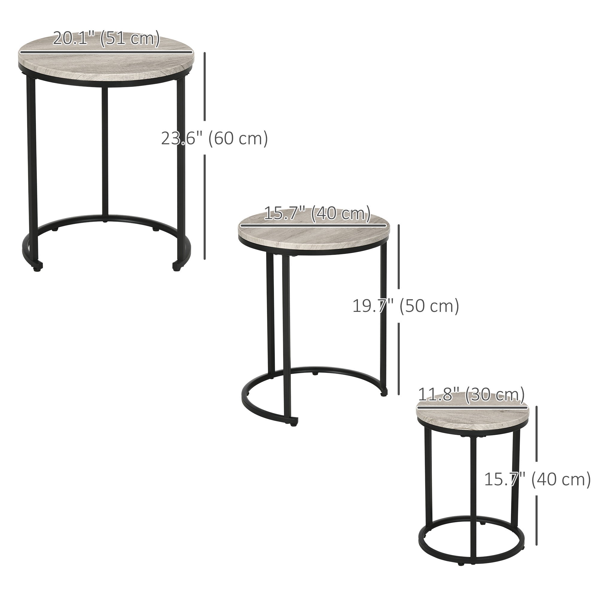 HOMCOM Nesting Tables Set of 3, Round Coffee Table, Modern Stacking Side Tables with Wood Grain Steel Frame for Living Room, Grey