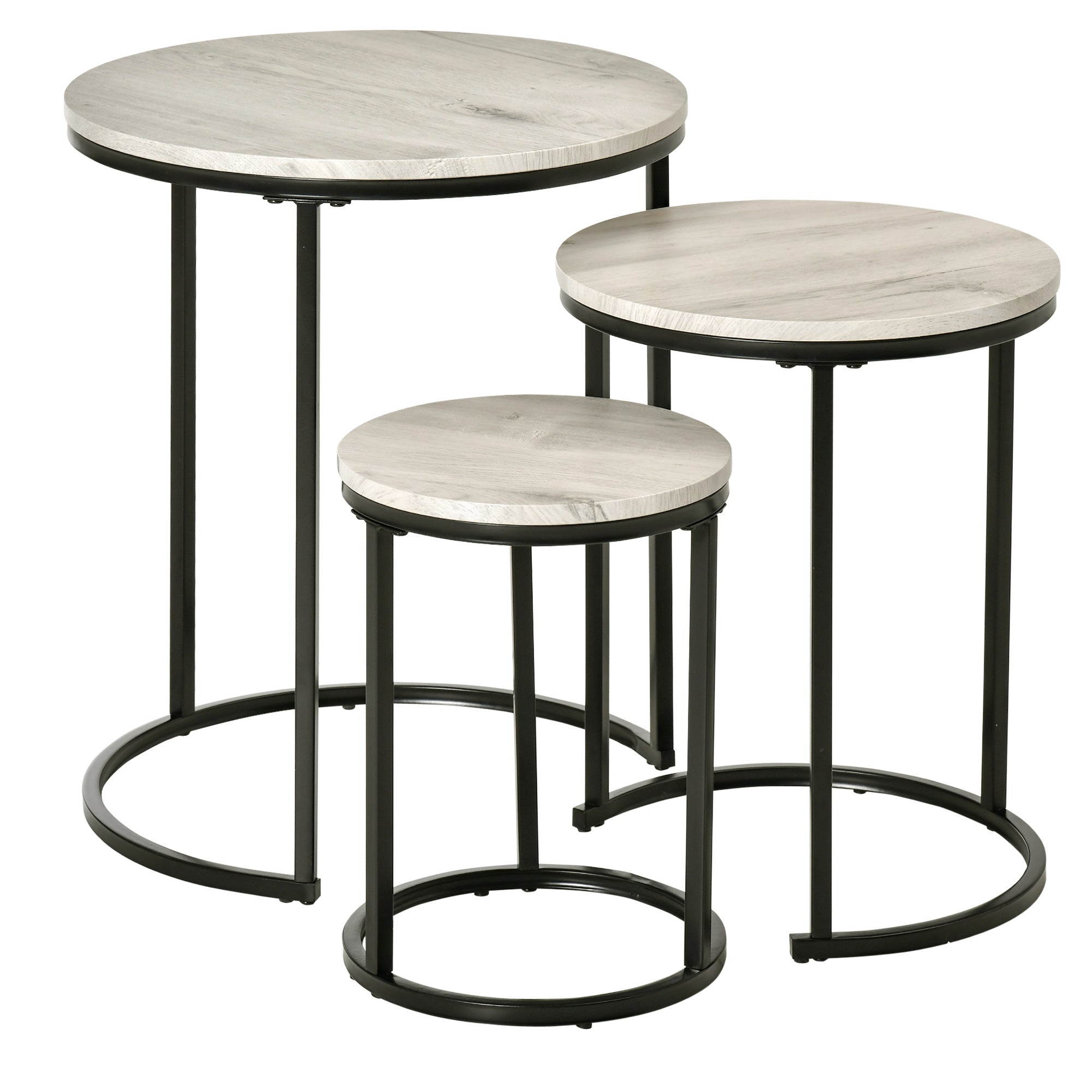 HOMCOM Nesting Tables Set of 3, Round Coffee Table, Modern Stacking Side Tables with Wood Grain Steel Frame for Living Room, Grey