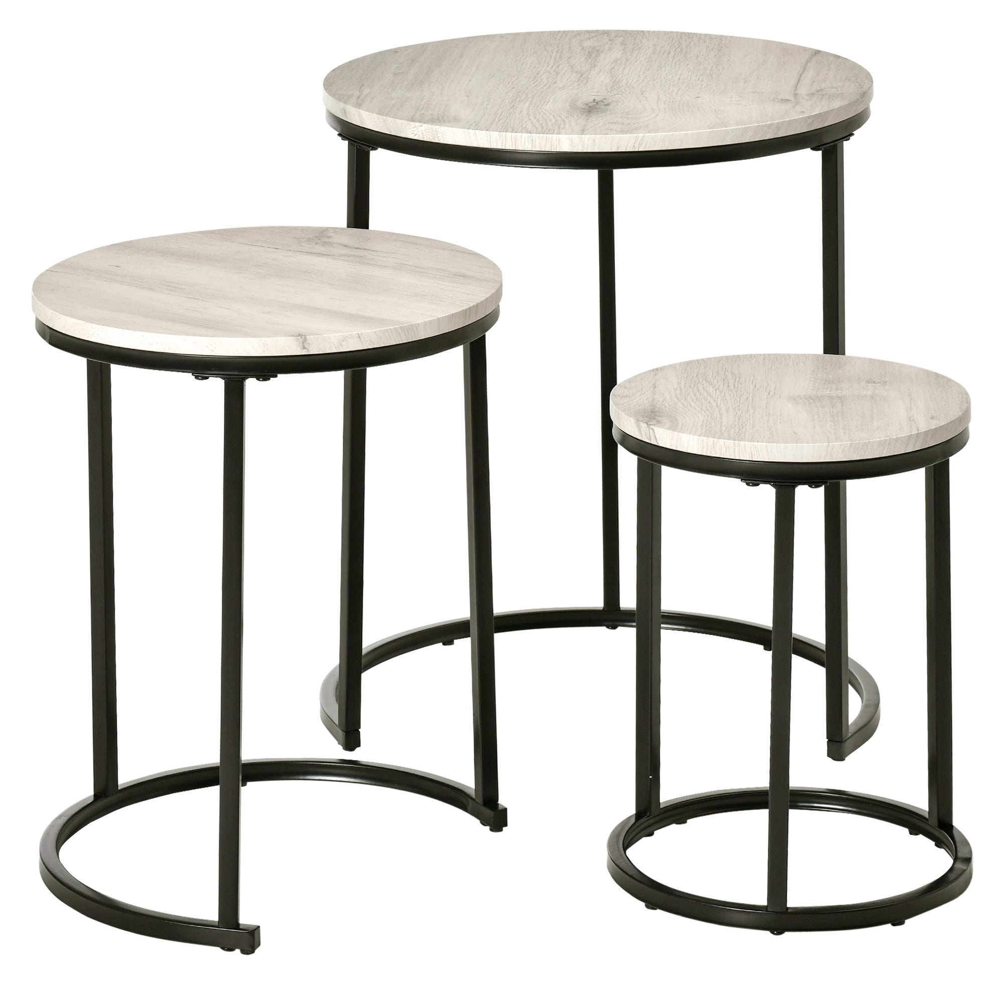 HOMCOM Nesting Tables Set of 3, Round Coffee Table, Modern Stacking Side Tables with Wood Grain Steel Frame for Living Room, Grey