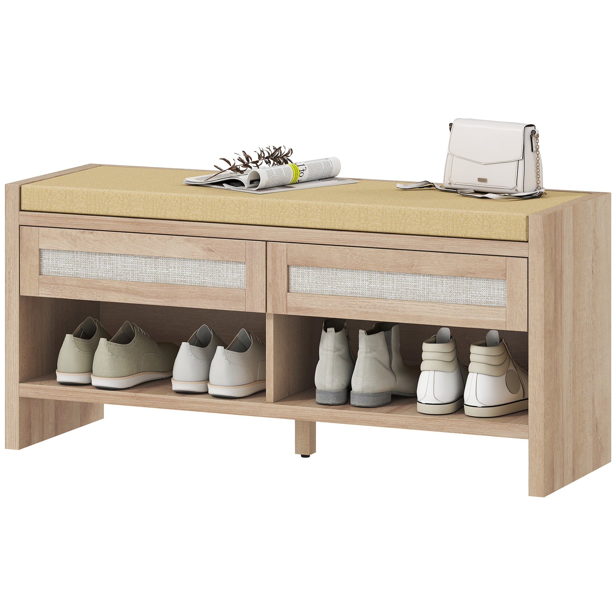 Shoe Bench with 2 Rattan Drawers, Boho Shoe Storage Bench with Linen-Look Cushioned Seat and Open Shelf, for Entryway, Living Room, Bedroom, 105 x 35 x 50 cm, Oak Wood Effect