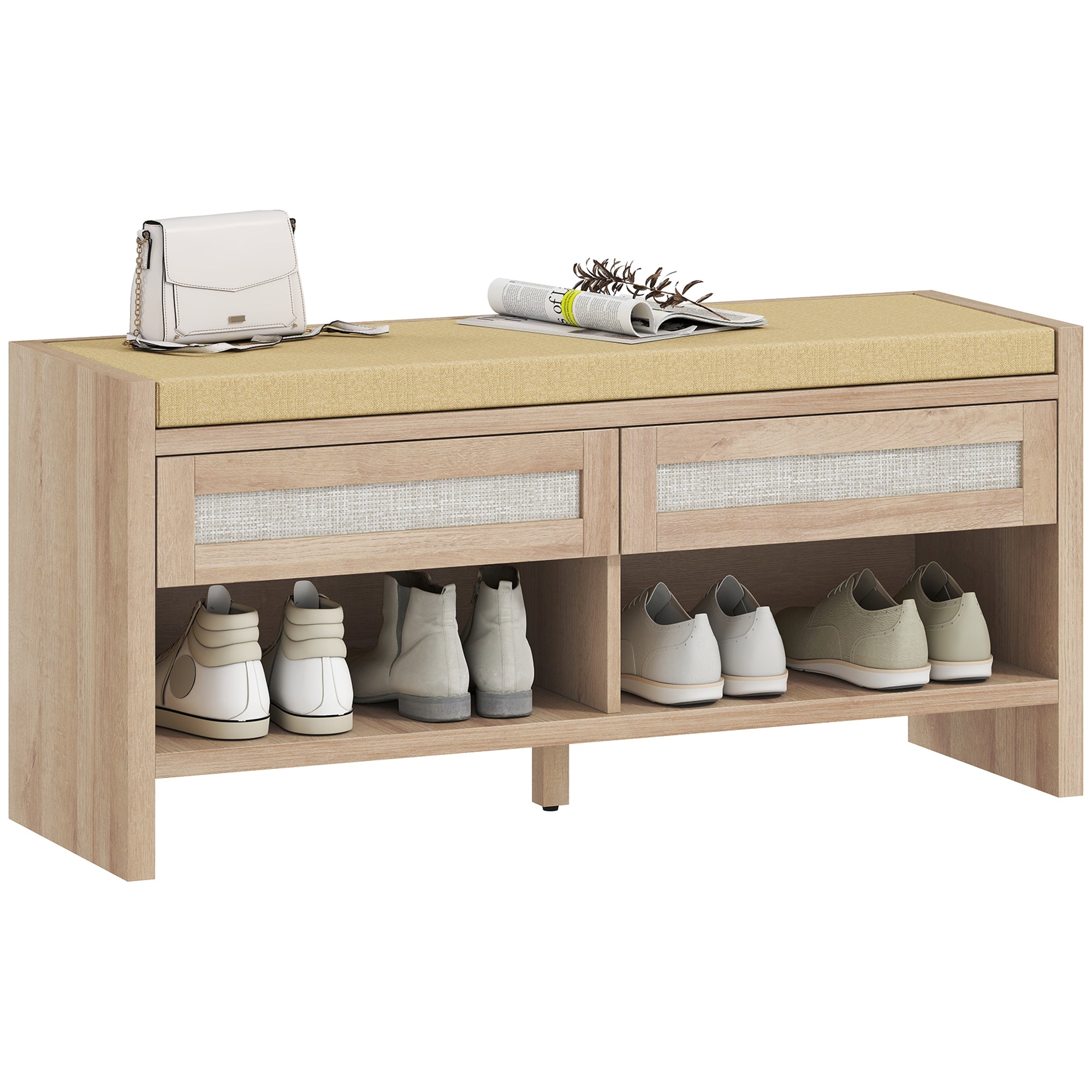 Shoe Bench with 2 Rattan Drawers, Boho Shoe Storage Bench with Linen-Look Cushioned Seat and Open Shelf, for Entryway, Living Room, Bedroom, 105 x 35 x 50 cm, Oak Wood Effect