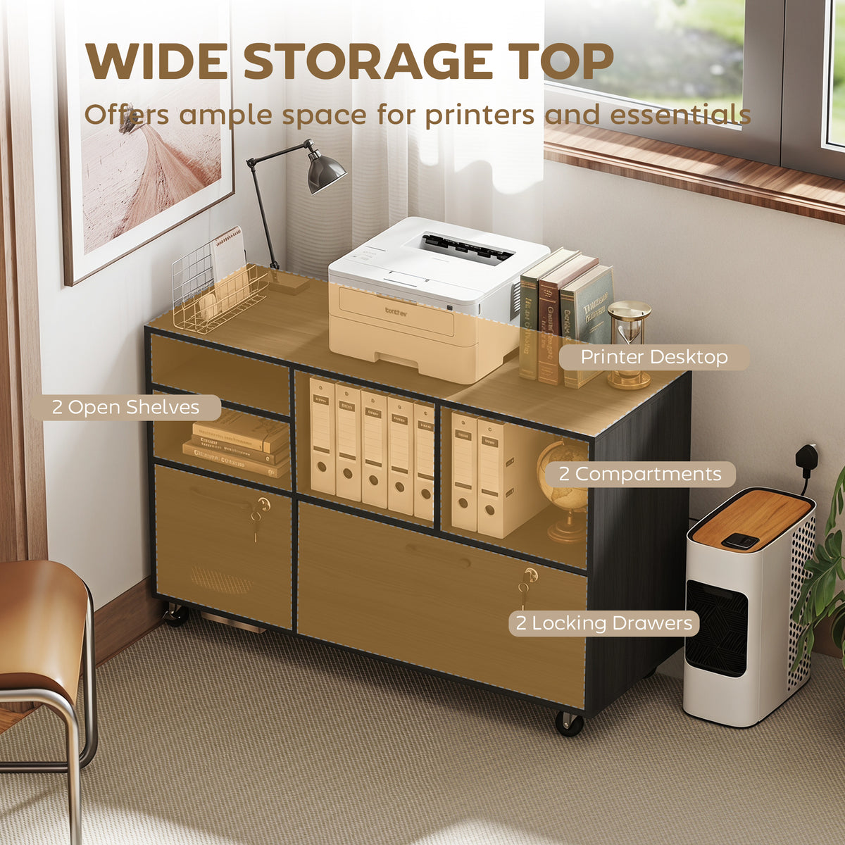File Cabinet, 2 Drawer Mobile Lateral Filing Cabinet with Lock, Charging Station, Printer Stand with Shelves, Hanging Bars, Fits A4/Letter/Legal Size for Home Office, Black