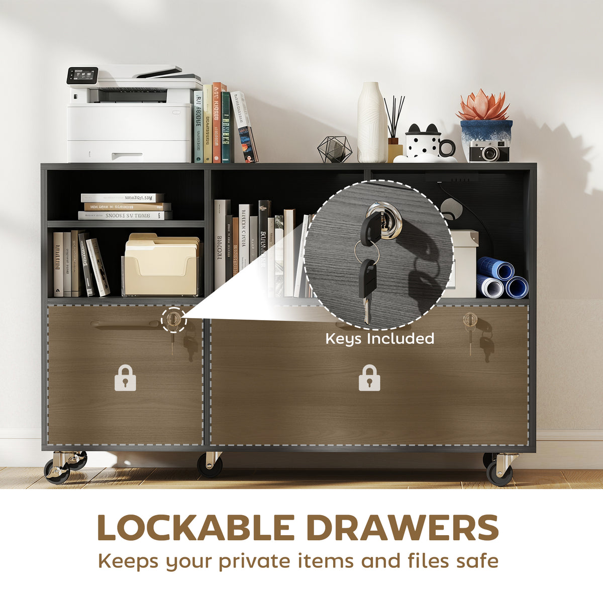 File Cabinet, 2 Drawer Mobile Lateral Filing Cabinet with Lock, Charging Station, Printer Stand with Shelves, Hanging Bars, Fits A4/Letter/Legal Size for Home Office, Black