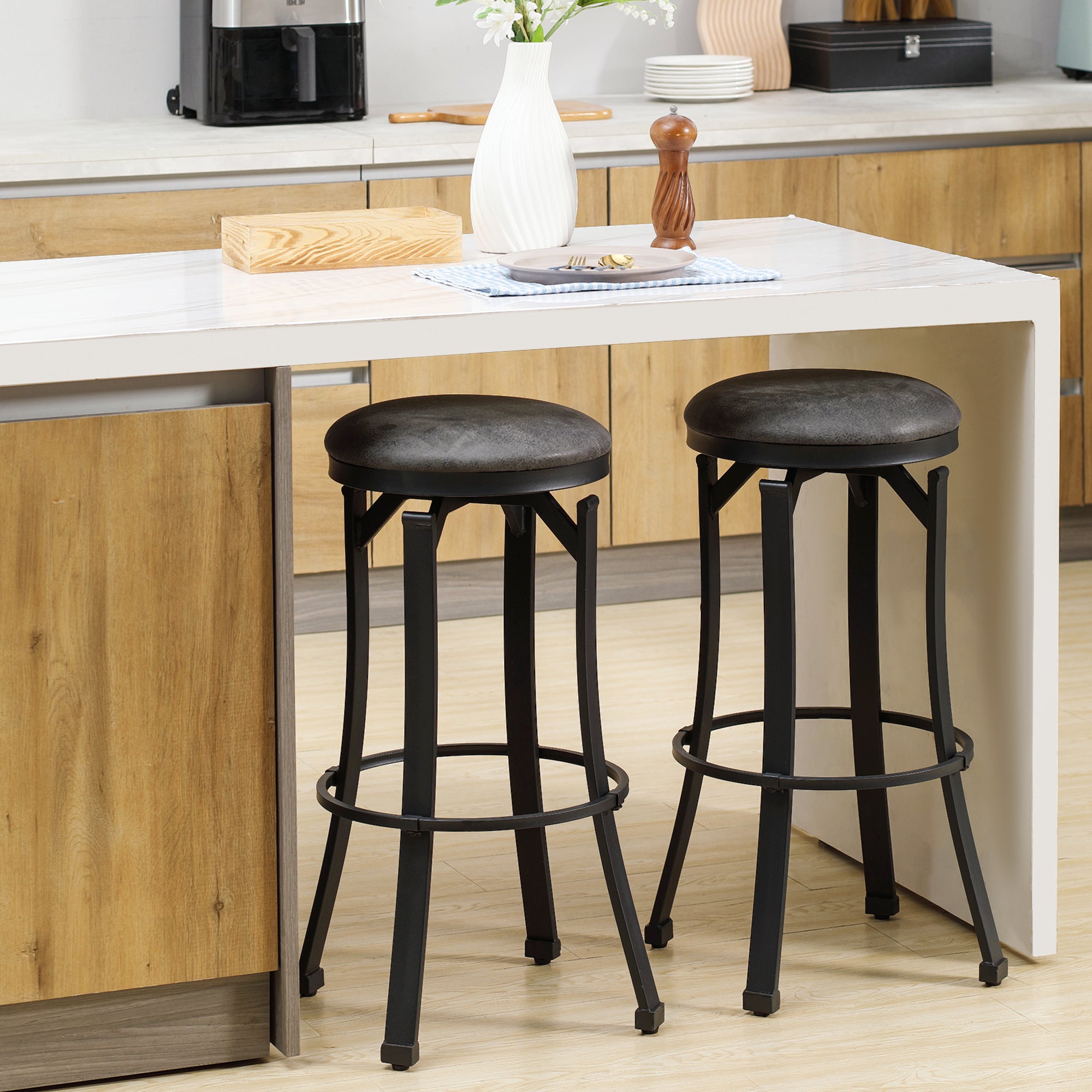 Bar Stools Set of 2 Vintage Barstools with Footrest and Microfiber Cloth 29 Inch Height Brown