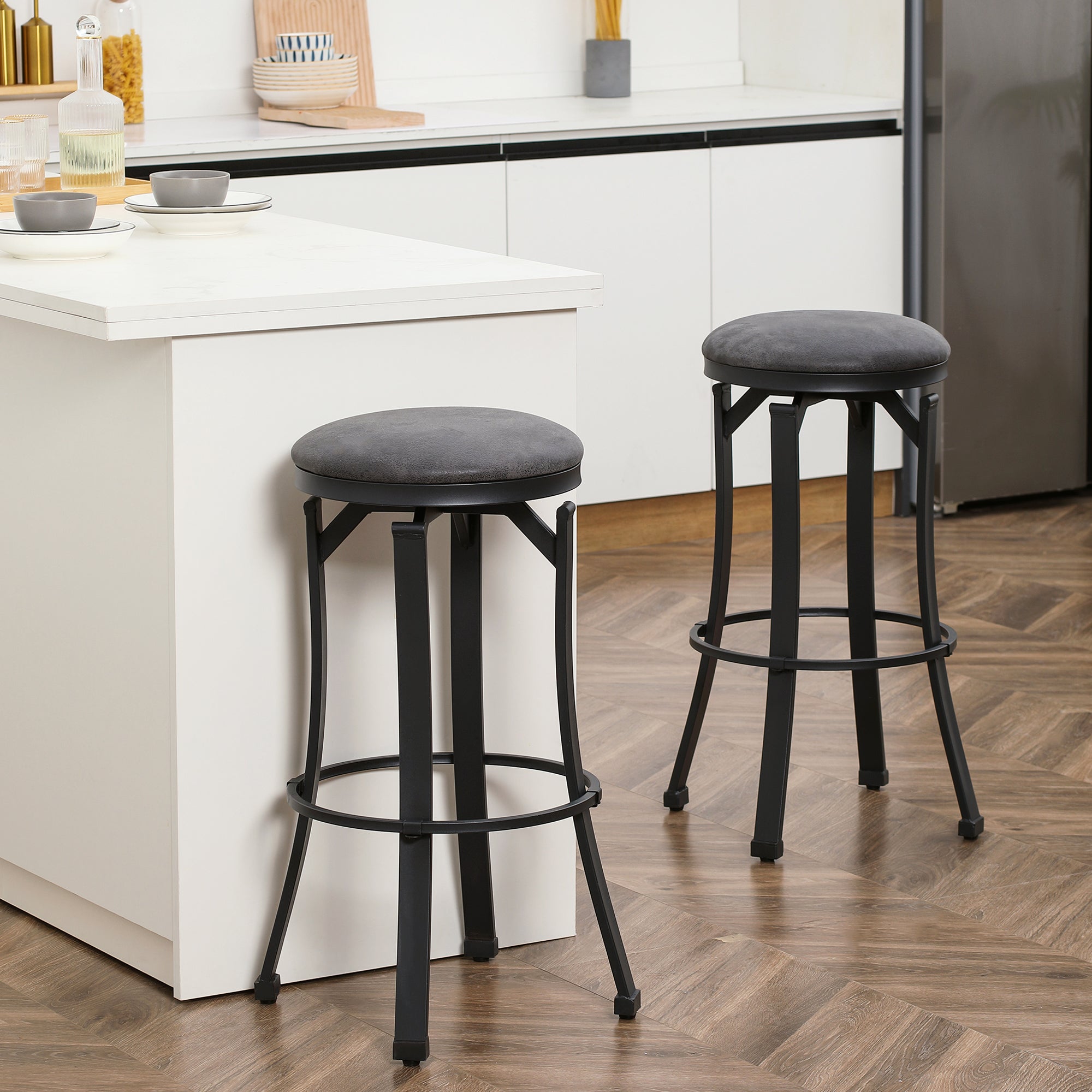 Bar Stools Set of 2 Vintage Barstools with Footrest and Microfiber Cloth 29 Inch Height Brown