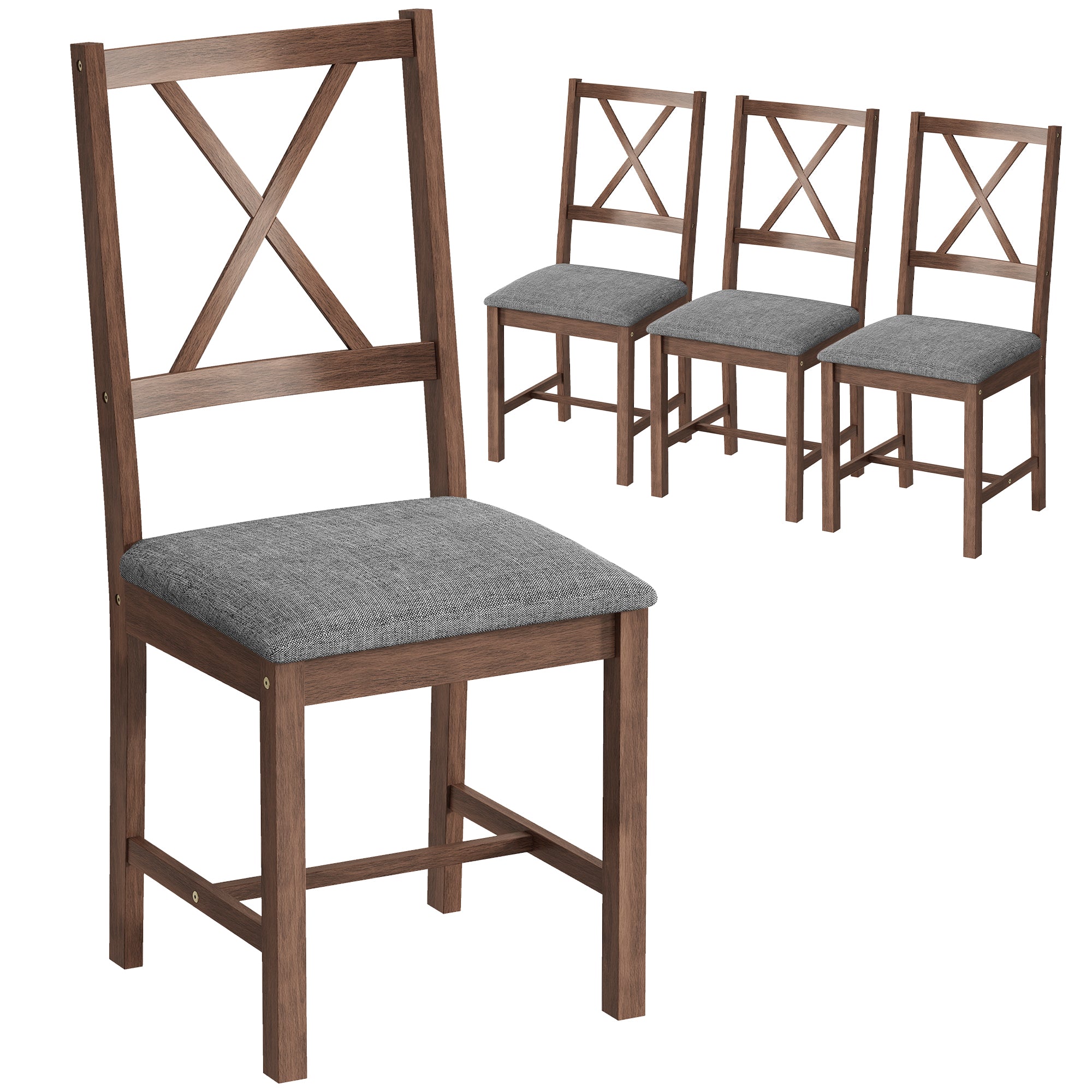 Farmhouse Wooden Dining Chairs Set of 4, Upholstered X-Back Kitchen Chairs with Rubberwood Legs and Padded Seat for Dining Room, Living Room, Gray