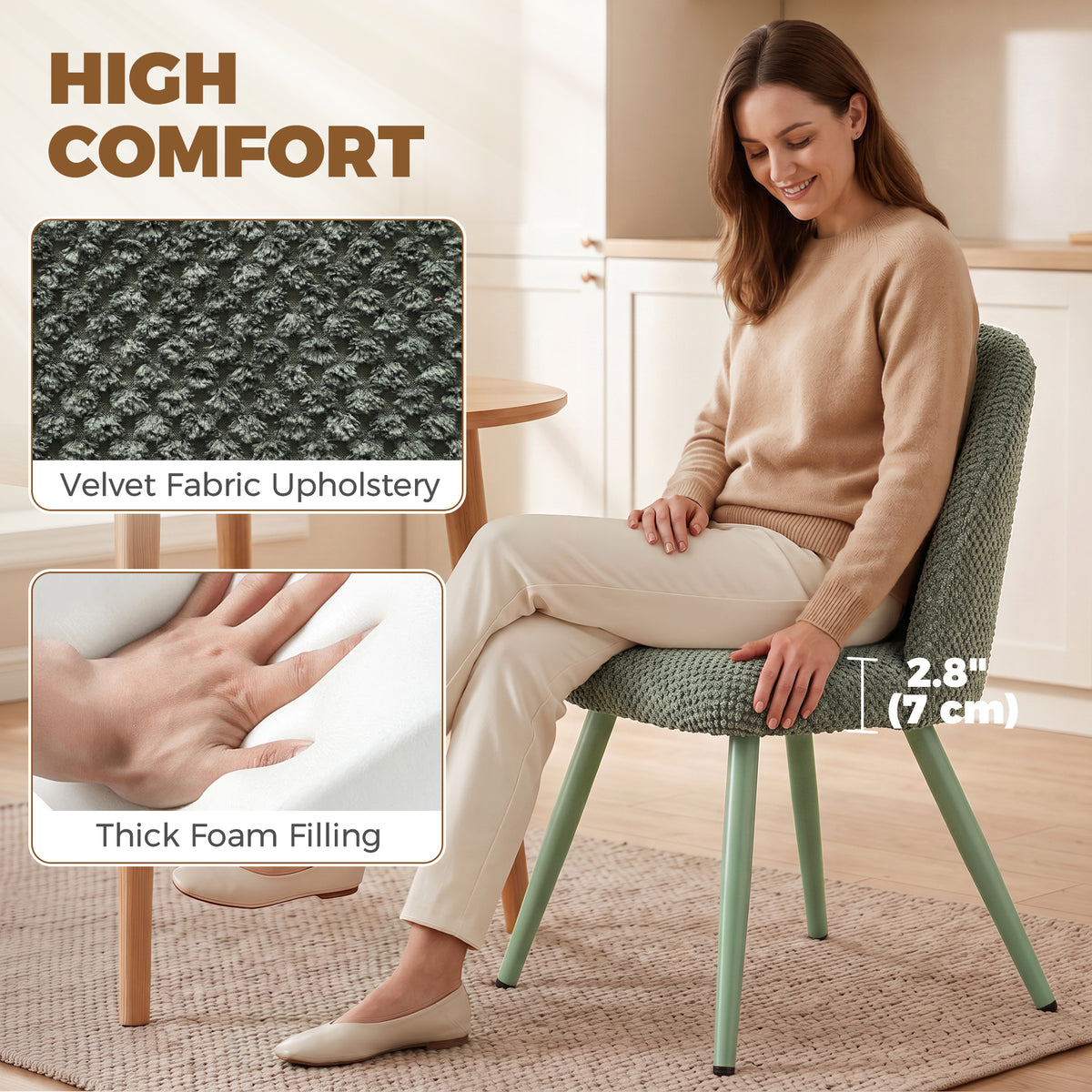 Modern Dining Chairs Set of 2, Velvet Fabric Upholstered Kitchen Chairs with Thick Padded Seat and Backrest, Metal Legs for Dining Room, Kitchen, Home Office, Dark Green