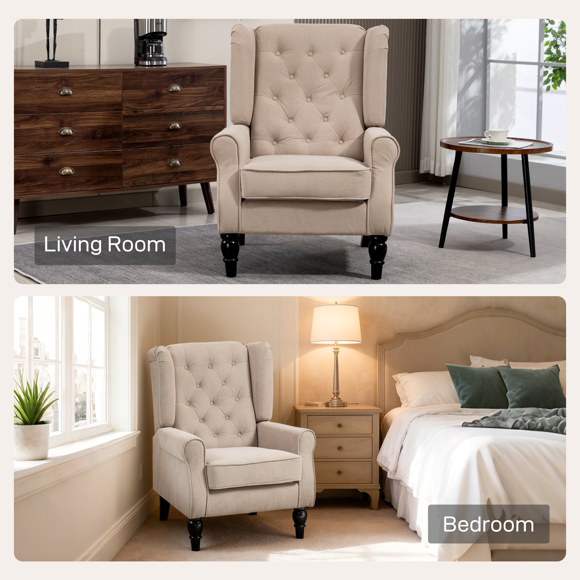 Retro Accent Chair, Snow Flannel Wingback Armchair with Wood Frame Button Tufted Design for Living Room Bedroom, Beige