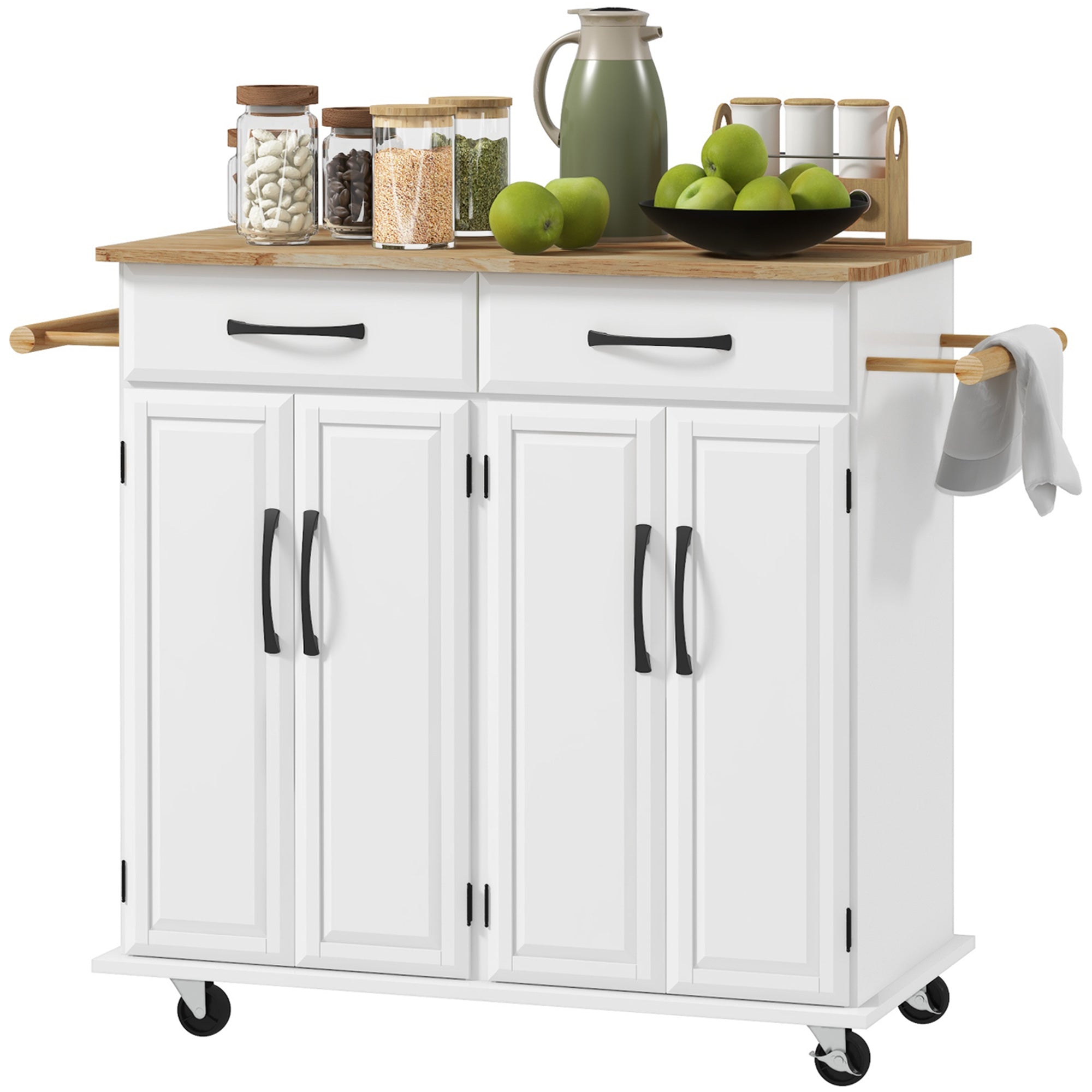 HOMCOM Kitchen Island with Storage, Rolling Kitchen Cart on Wheels with 2 Drawers, 2 Cabinets, Rubberwood Top and Towel Racks (White)