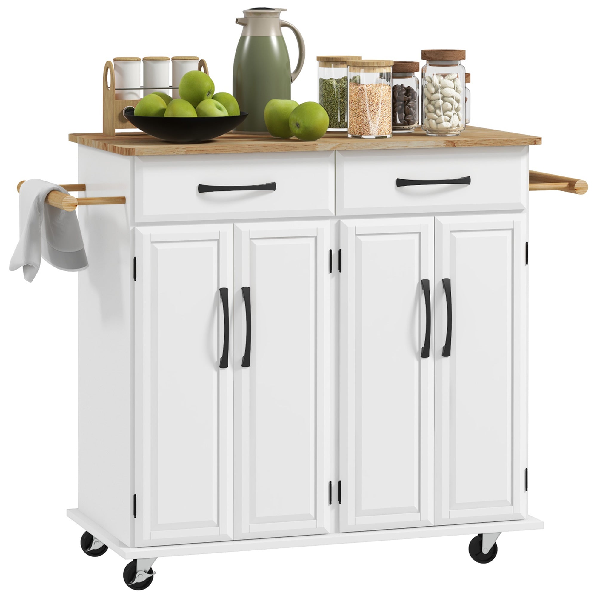 HOMCOM Kitchen Island with Storage, Rolling Kitchen Cart on Wheels with 2 Drawers, 2 Cabinets, Rubberwood Top and Towel Racks (White)