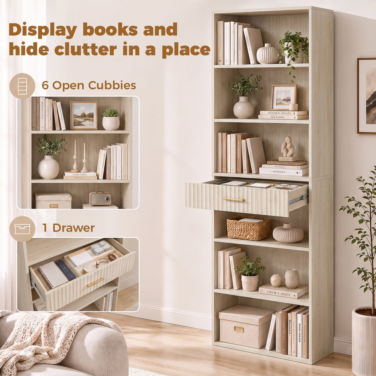 Tall Bookcase with Cubes, 7-Tier Bookshelf with Drawer, Freestanding Shelving Unit, 60 x 24 x 182 cm, Space-Saving for Study, Home Office, Living Room, Oak Wood Effect