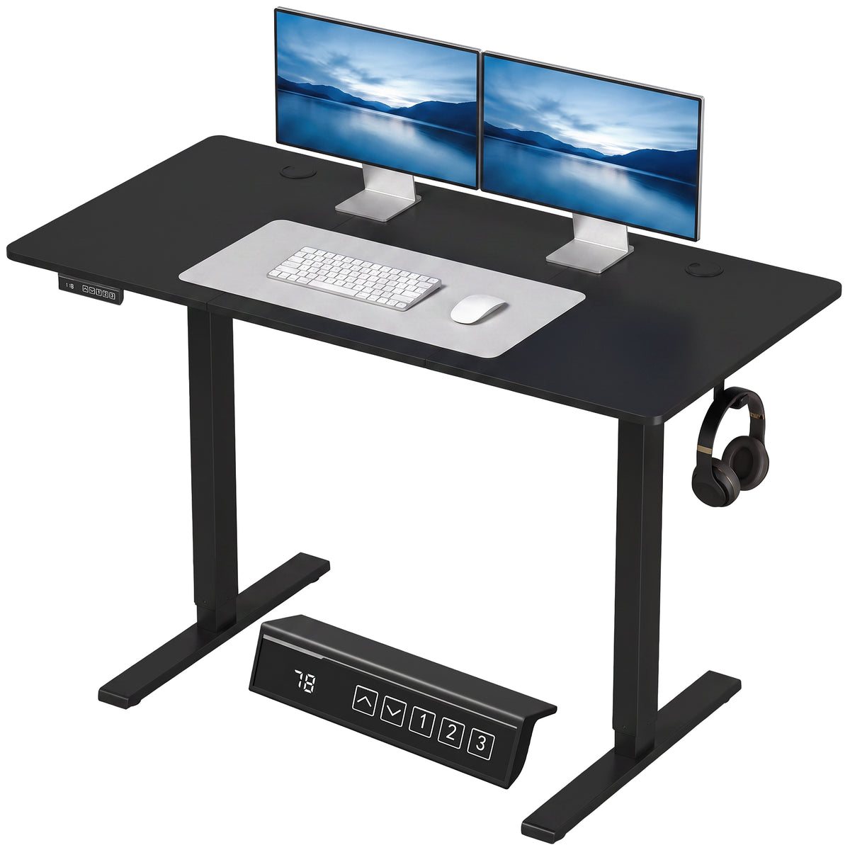 Electric Standing Desk Height Adjustable 120 x 60cm, Sit Stand Desk with 3 Memory Presets, Quiet Home Office Computer Desk with LED Display, Cable Holes & Hooks for Bedroom, Home Office, Black