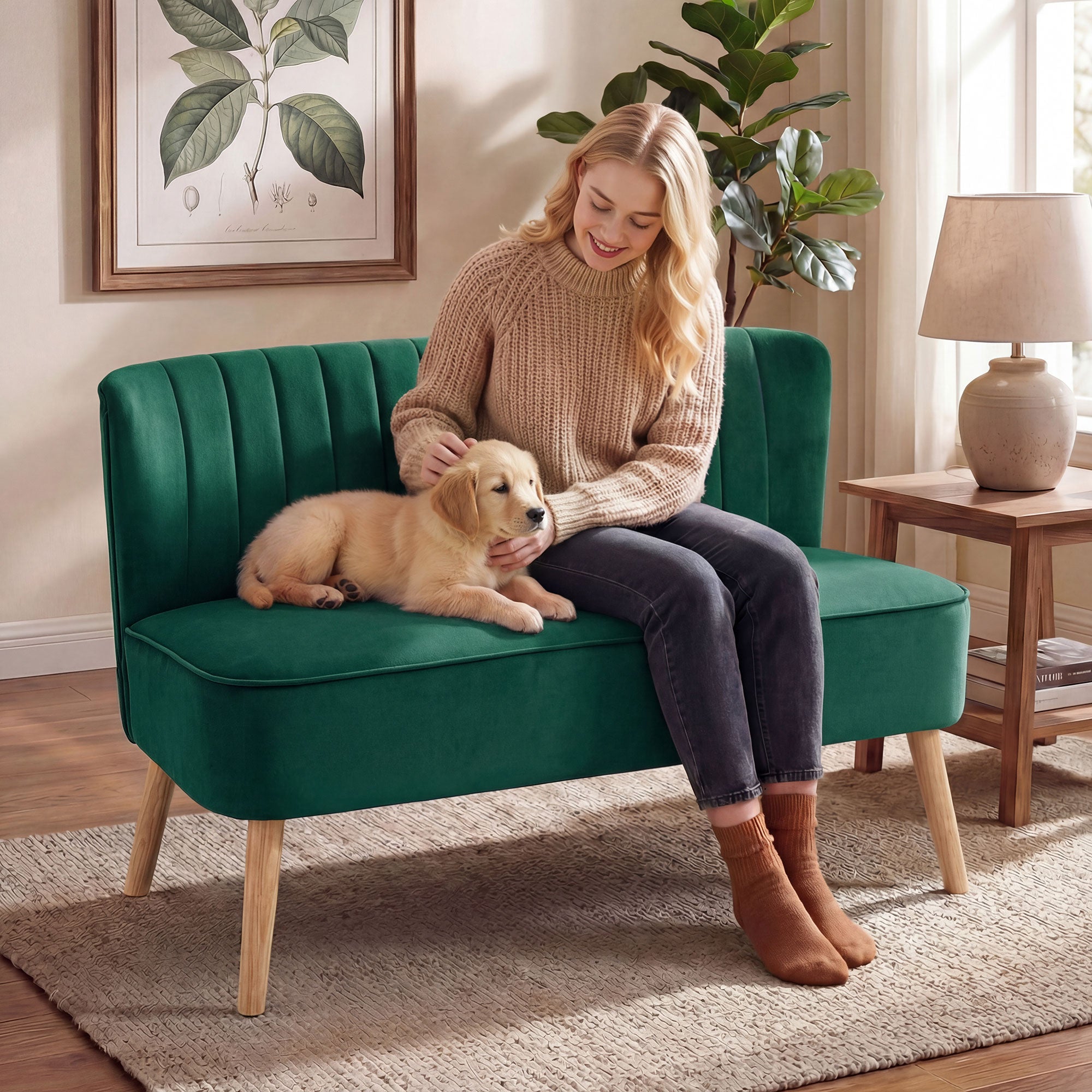 46" Loveseat Sofa, Linen Fabric Upholstered 2 Seater Small Sofa with Thick Padded Seat and Rubber Wood Legs for Living Room, Home Office, Dark Green