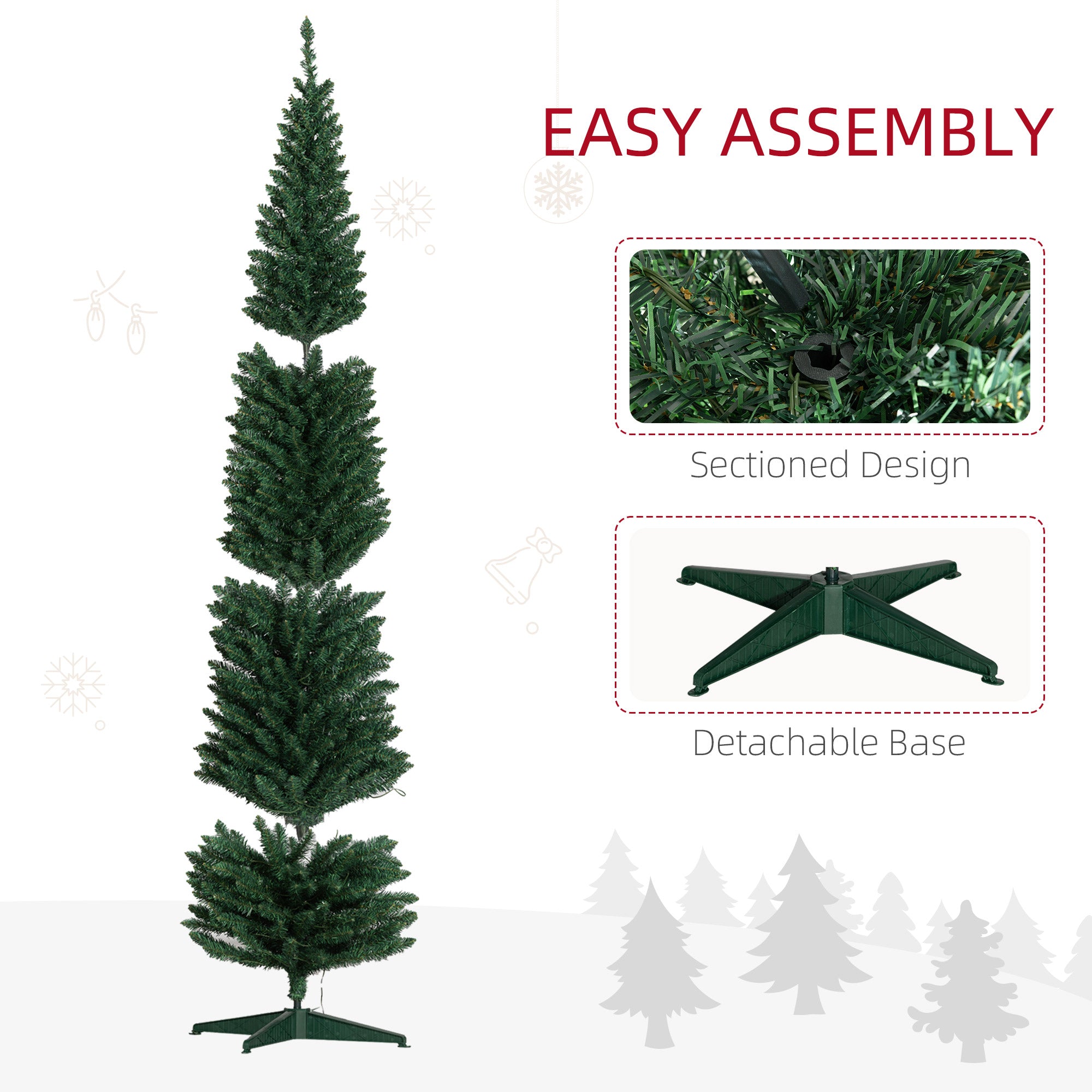 8ft Pencil Christmas Tree Slim Artificial Tree with Realistic Branches & Warm White LED Lights Green