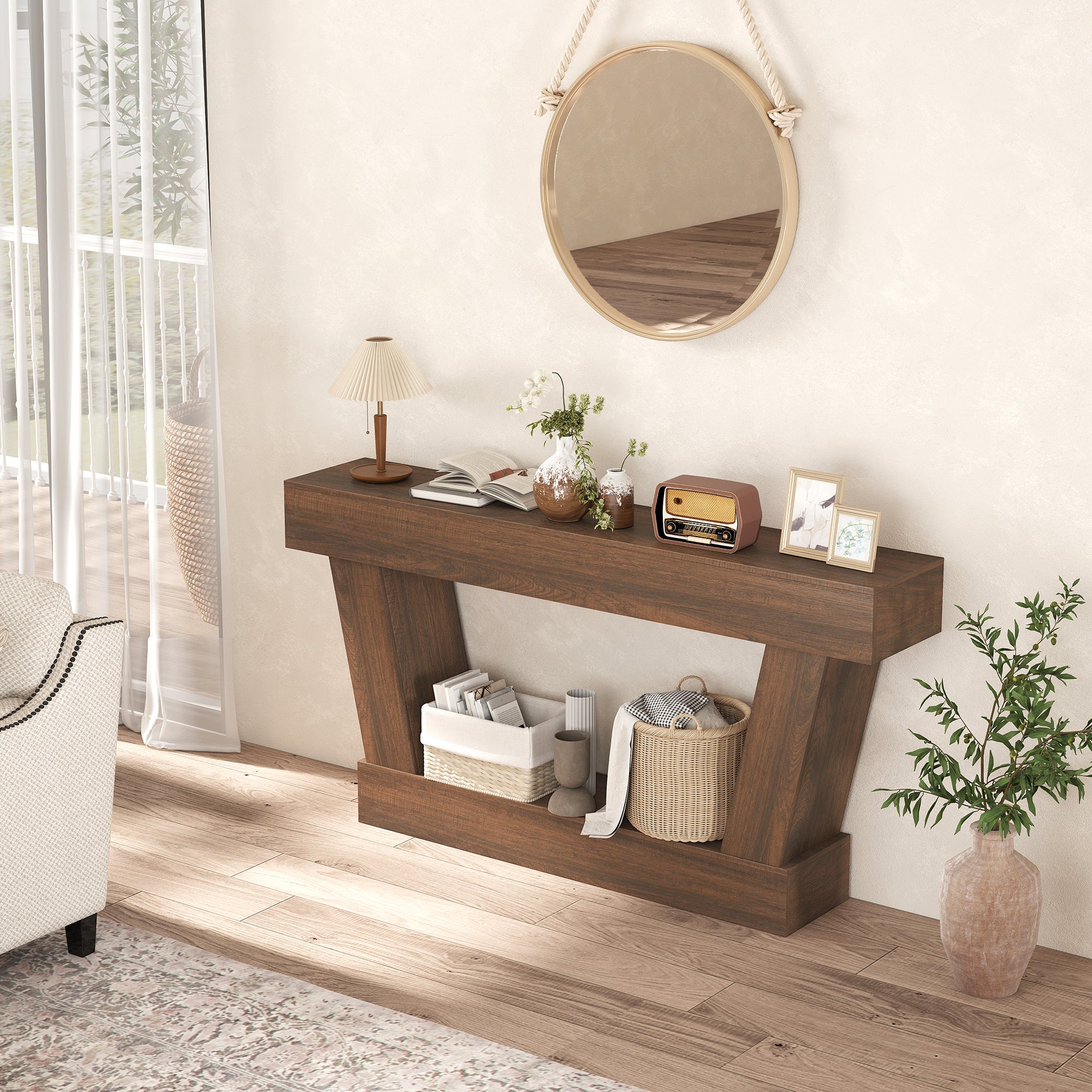 63 Inch Vintage Entryway Table, Narrow Console Tables For Entryway, Sofa Table Behind Couch with Open Shelf, for Living Room, Hallway, Brown