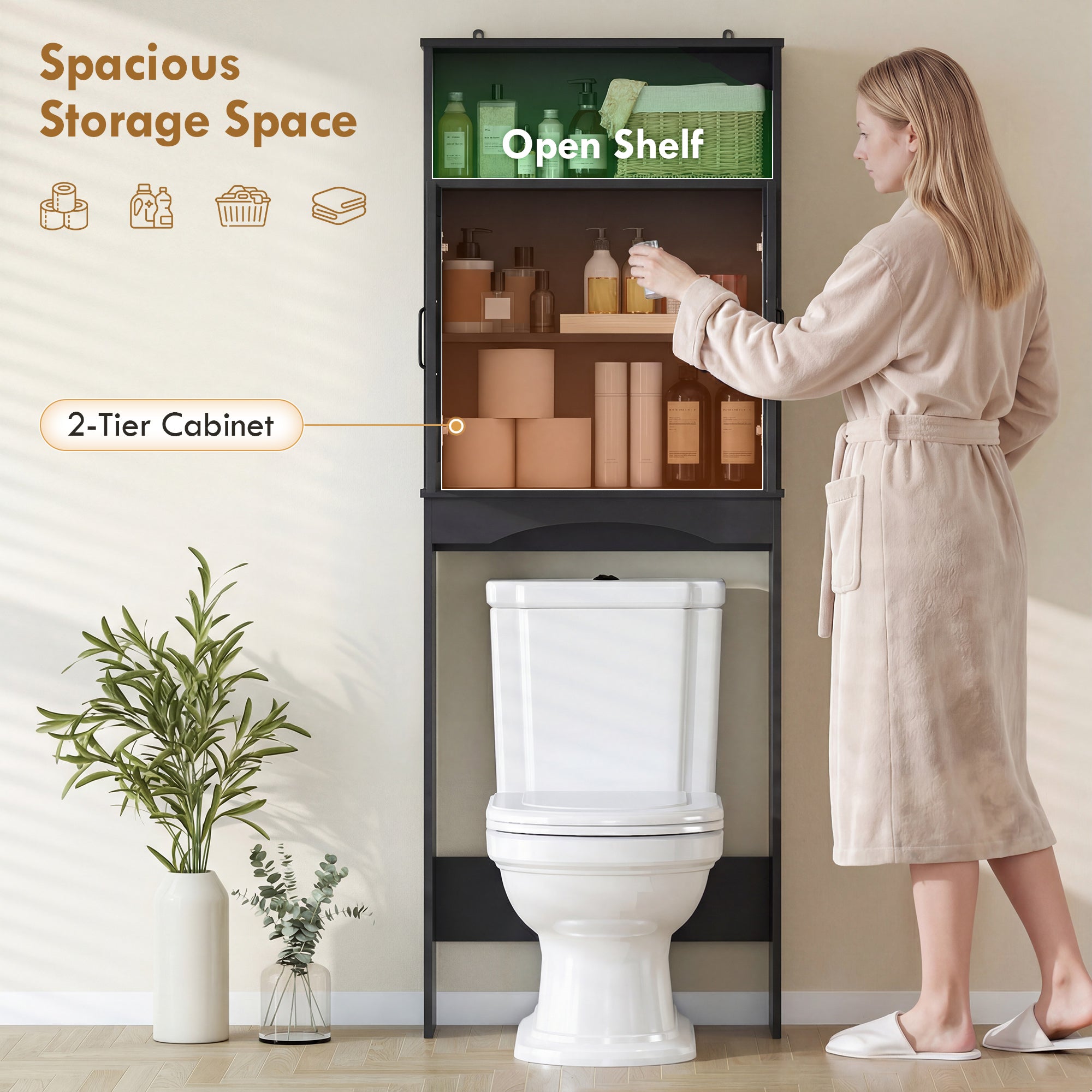 Over the Toilet Storage Cabinet, Over Toilet Bathroom Organizer with 2 Doors and Open Shelf, Freestanding Above Restroom Space Saver for Bathroom, Laundry, Restroom, Black
