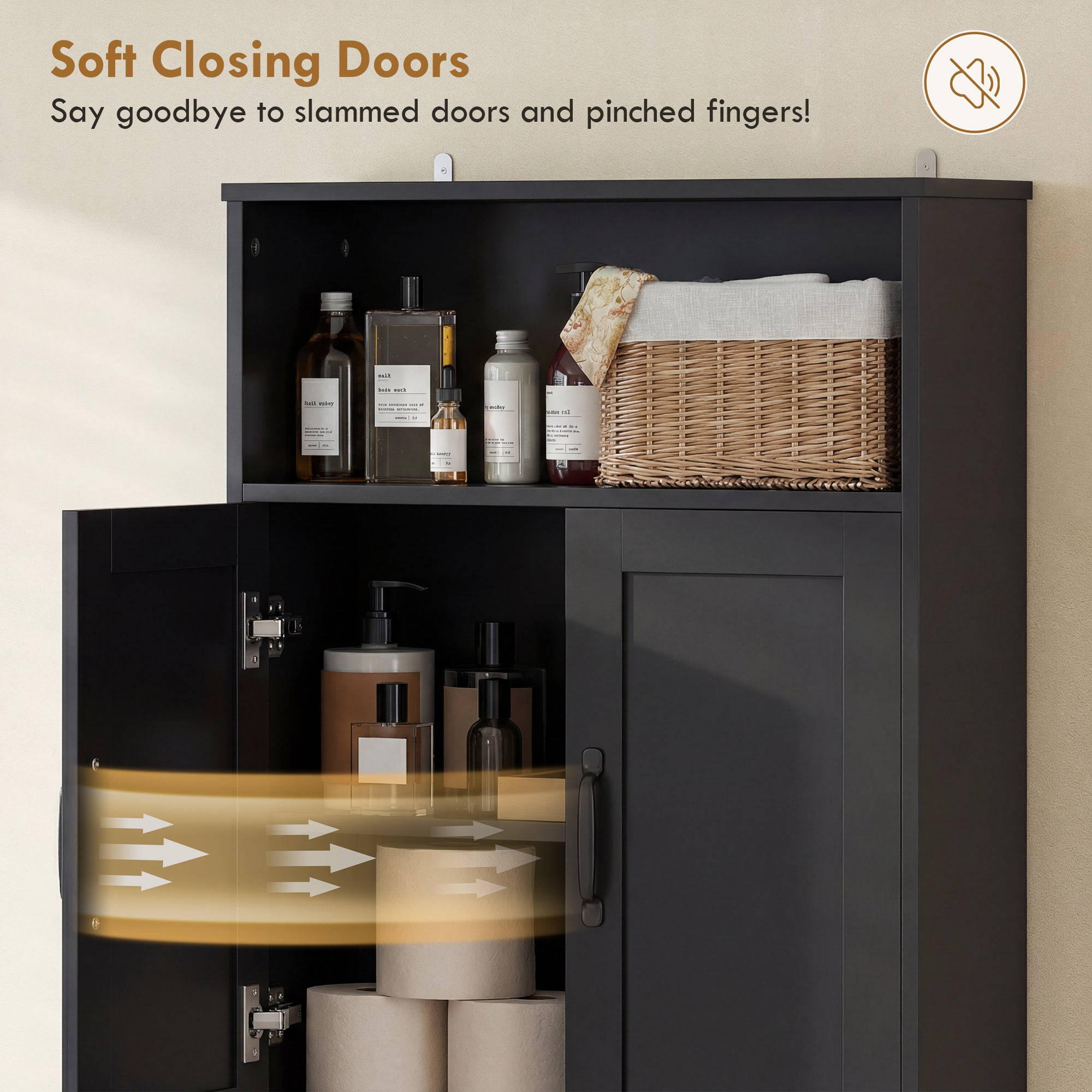Over the Toilet Storage Cabinet, Over Toilet Bathroom Organizer with 2 Doors and Open Shelf, Freestanding Above Restroom Space Saver for Bathroom, Laundry, Restroom, Black