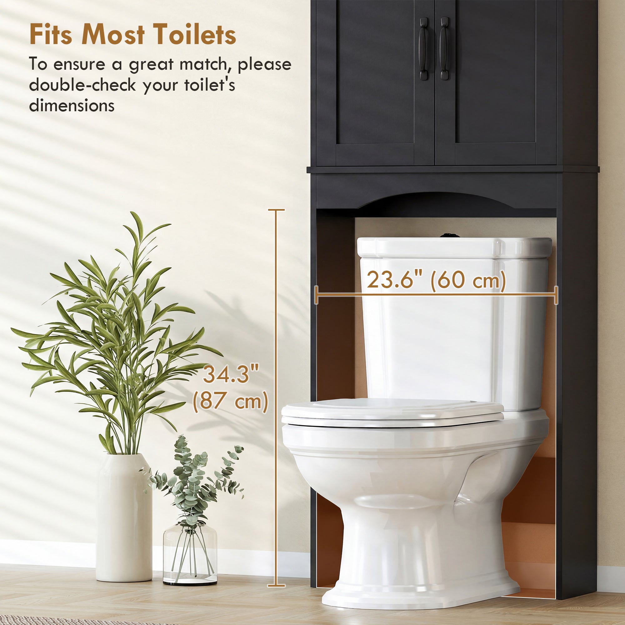 Over the Toilet Storage Cabinet, Over Toilet Bathroom Organizer with 2 Doors and Open Shelf, Freestanding Above Restroom Space Saver for Bathroom, Laundry, Restroom, Black