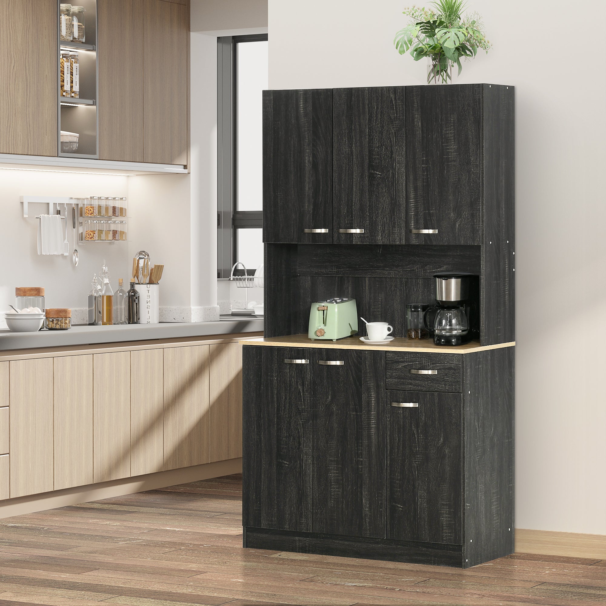 HOMCOM 71" Kitchen Buffet with Hutch, Freestanding Kitchen Cabinet with Doors, Drawers, Microwave Counter, Black