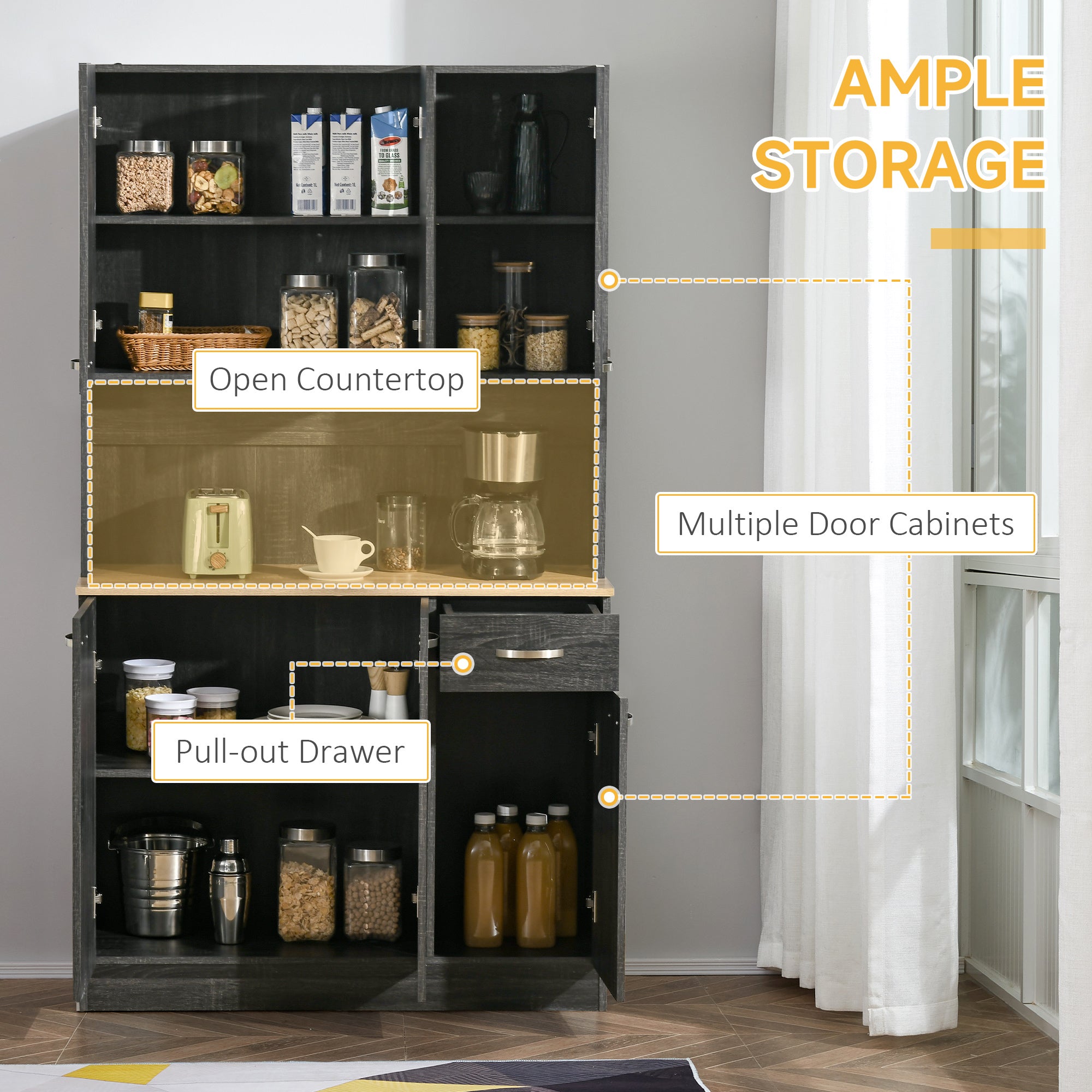 HOMCOM 71" Kitchen Buffet with Hutch, Freestanding Kitchen Cabinet with Doors, Drawers, Microwave Counter, Black