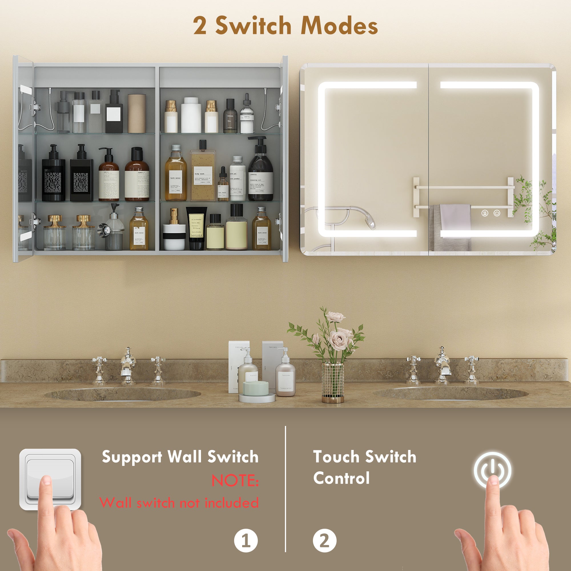 Bathroom Mirror Cabinet with LED Lights and Double-Sided Mirrors, 600 x 800 mm Aluminium Wall Mounted Bathroom Cabinet with Anti-Fog, 3 Colour Dimmable Lighting, Adjustable Shelves