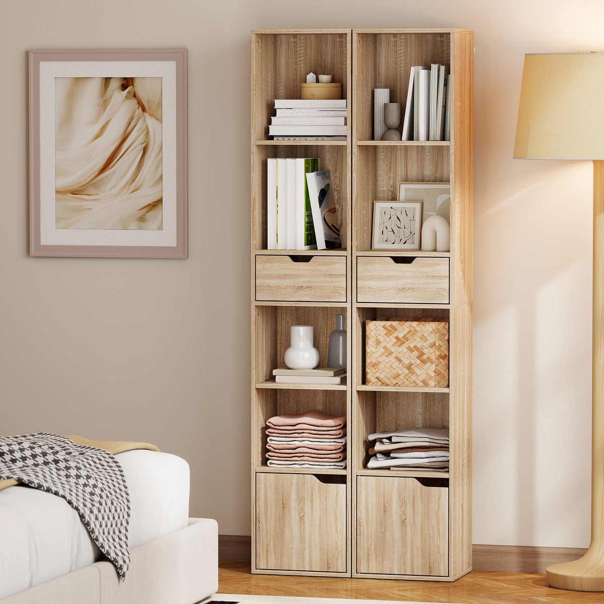 6-Tier Bookcase, Tall Narrow Bookshelf with Drawer, Door, Adjustable Shelf, Modern Display Standing Shelving Unit for Living Room, Home Office, Bedroom, 30 x 24 x 158 cm, Natural Wood Finish