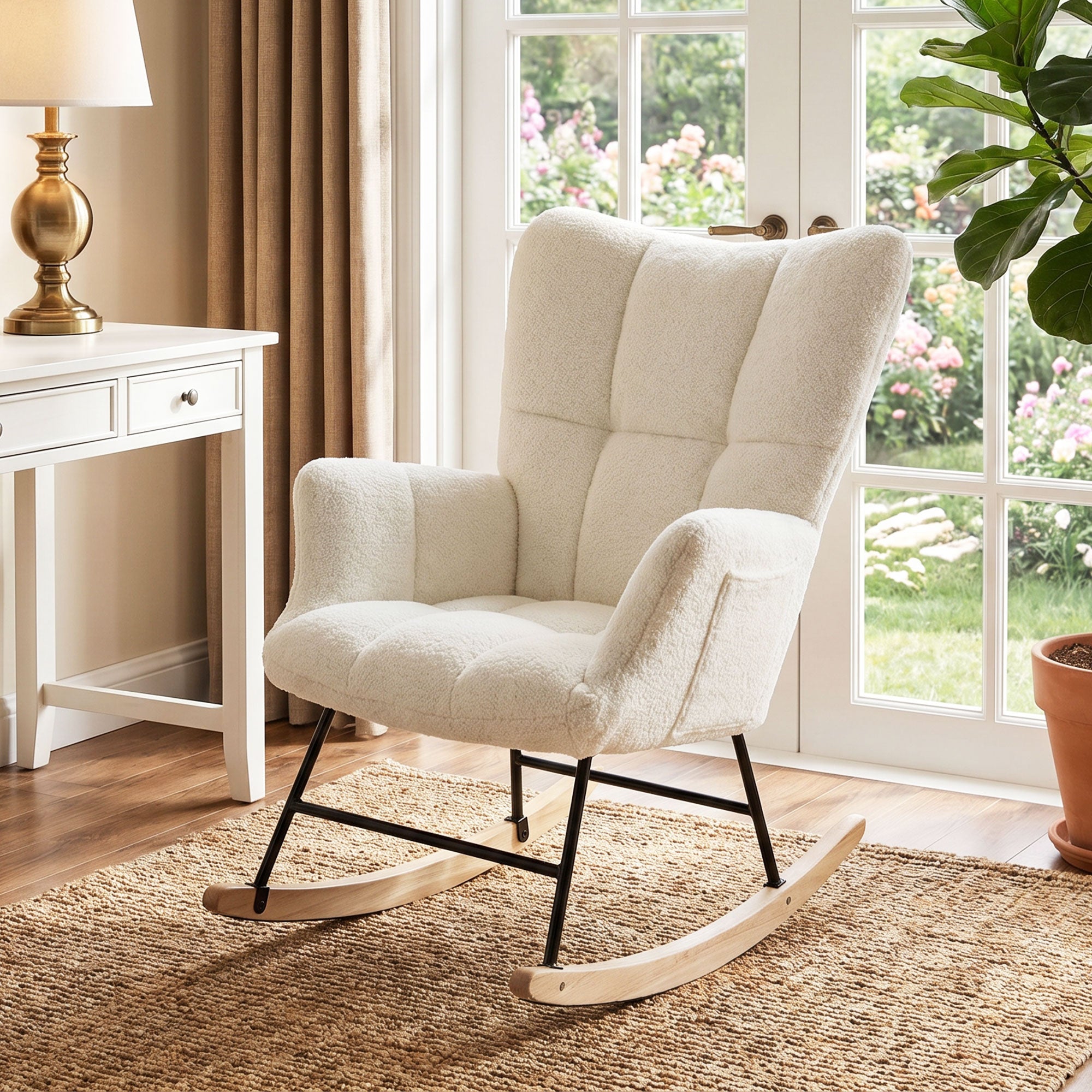 Rocking Chair with Side Pockets, Wingback Tufted Rocker Chair with Teddy Fleece Upholstered, Rubber Wood Legs for Living Room, Bedroom, Cream White