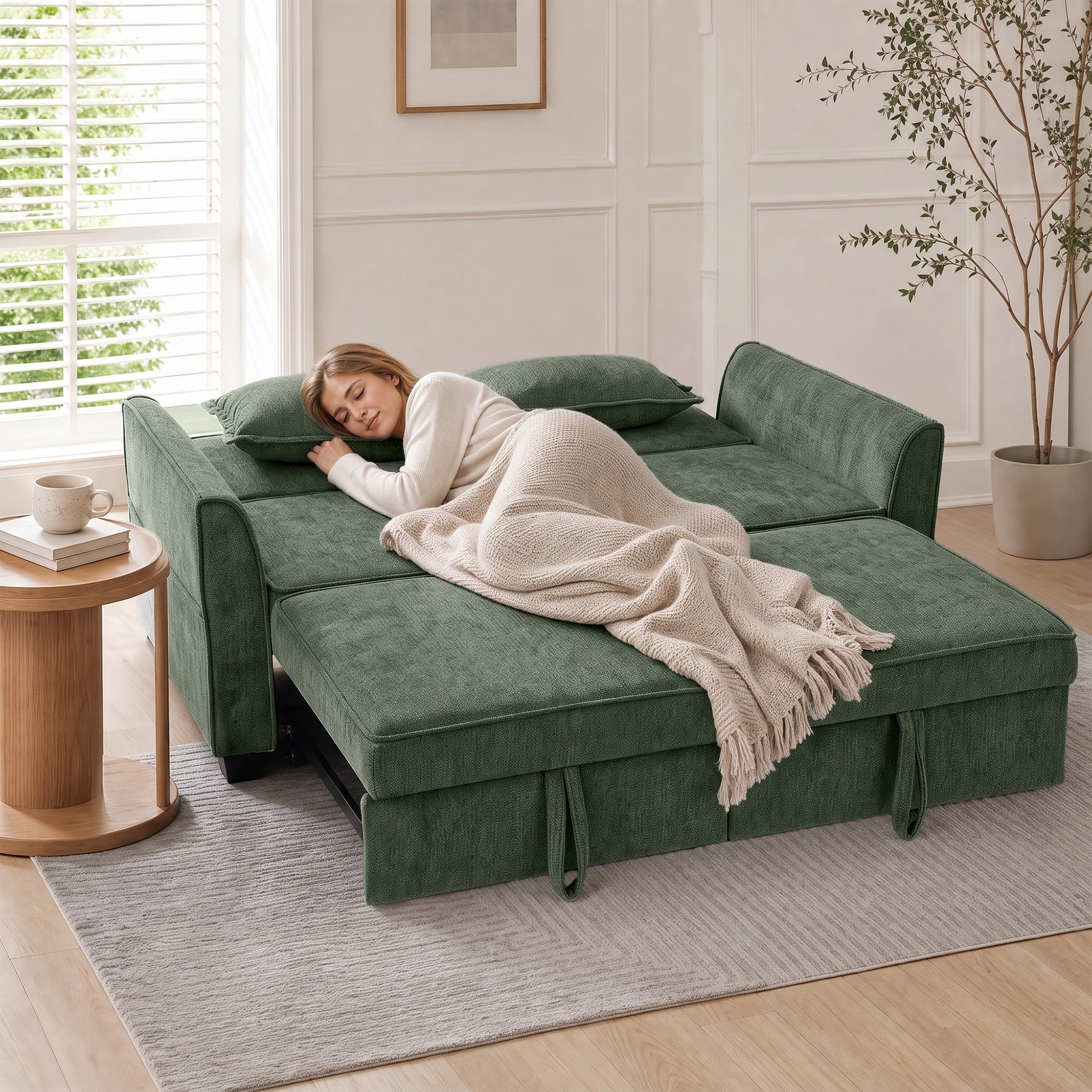 2 Seater Sofa Bed, 4-in-1 L Shaped Convertible Pull Out Sleeper Sofa with Adjustable Backrest, Chenille Loveseat with 2 Pillows, Wide Deep Seat, Side Pockets for Living Room, Dark Green