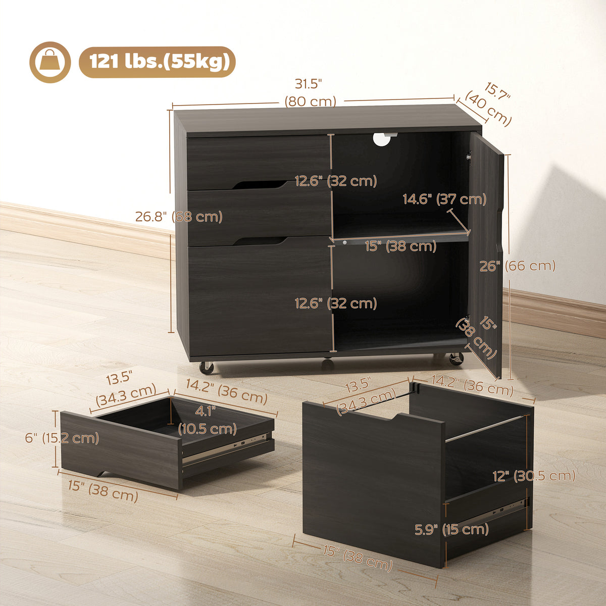 Lateral File Cabinet with Cabinet, Home Office Printer Stand, 3-Drawer Mobile Filing Cabinet, Lockable Wheels, Adjustable Shelf, for A4, Letter-Size Files, Black Wood Grain