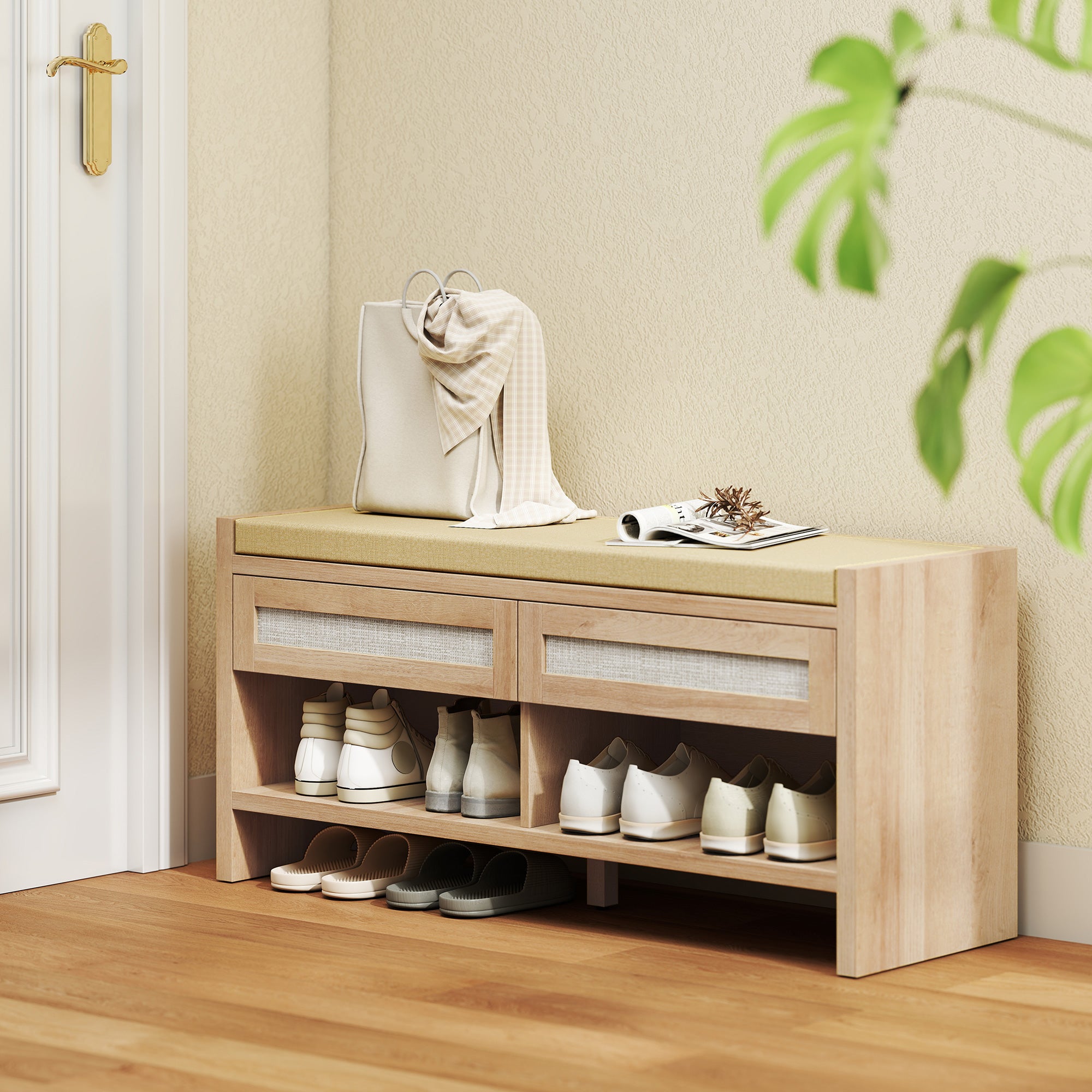 Shoe Bench with 2 Rattan Drawers, Boho Shoe Storage Bench with Linen-Look Cushioned Seat and Open Shelf, for Entryway, Living Room, Bedroom, 105 x 35 x 50 cm, Oak Wood Effect