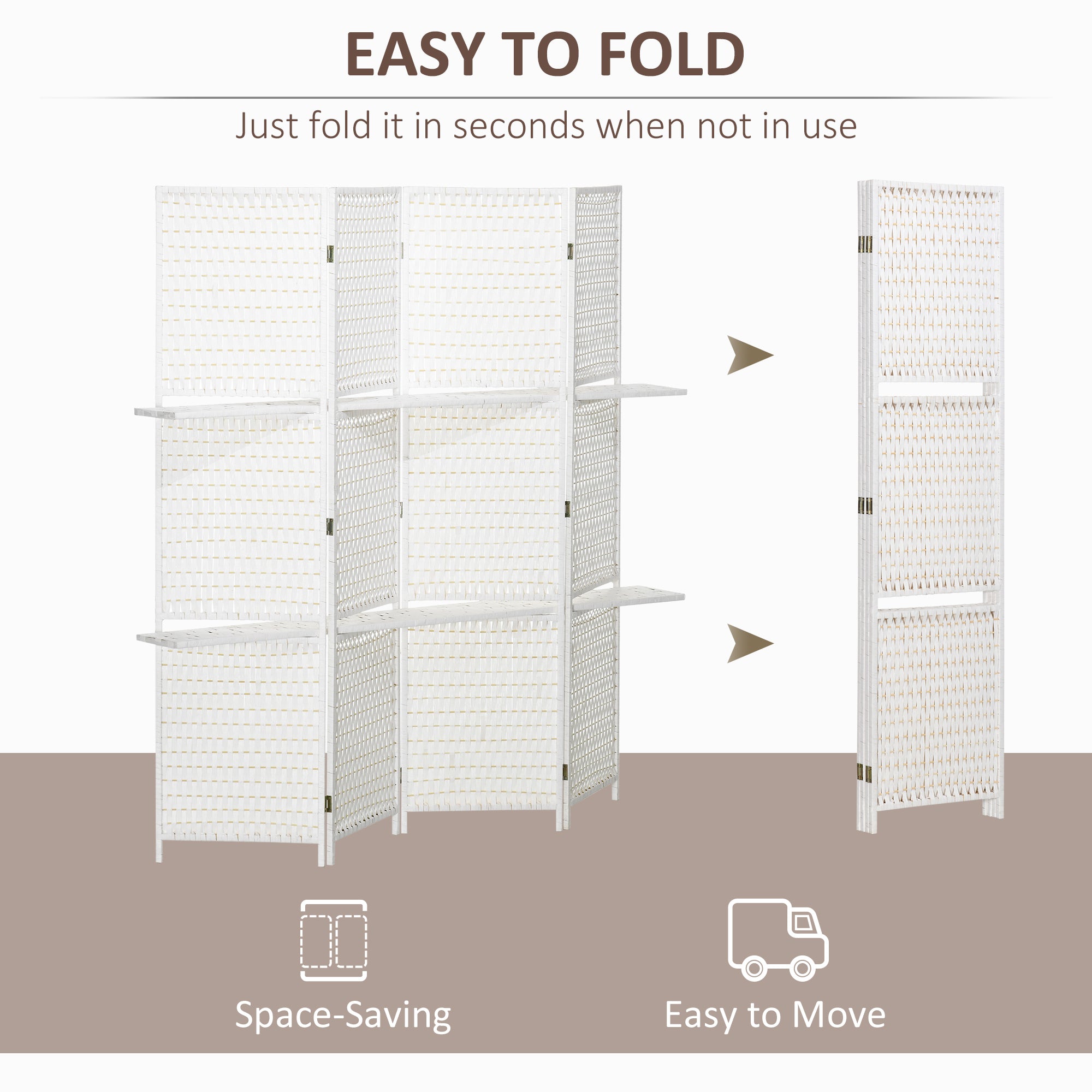 4 Panel Room Divider with Shelves, 6 FT Wave Fibre Freestanding Folding Privacy Screen, Partition Wall Divider for Indoor Bedroom Office, White