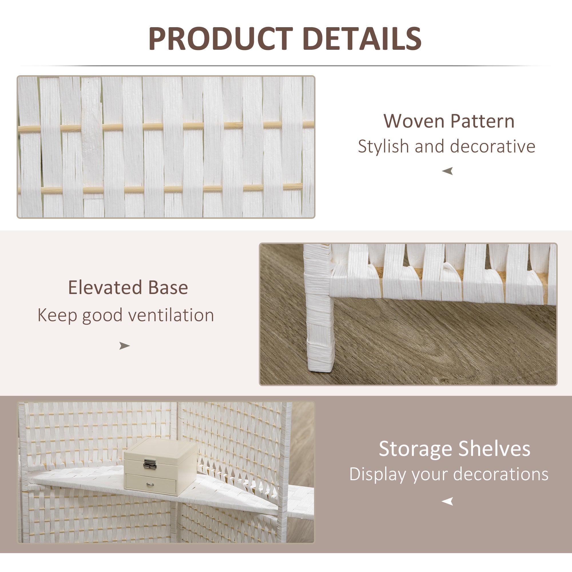 4 Panel Room Divider with Shelves, 6 FT Wave Fibre Freestanding Folding Privacy Screen, Partition Wall Divider for Indoor Bedroom Office, White