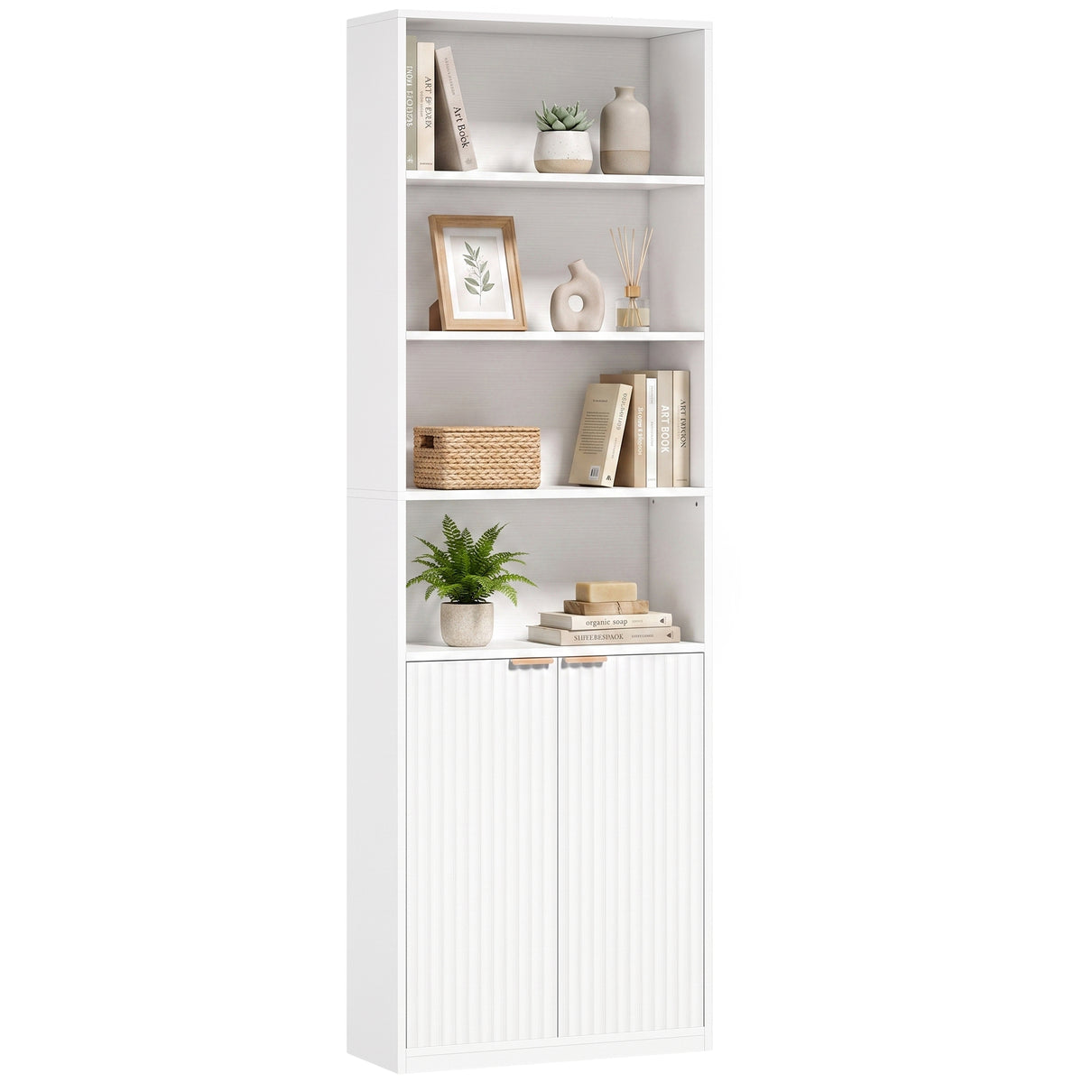 Slim Bookcase, 6-Tier Tall Bookshelf, Freestanding Shelving Unit with Cabinet, Adjustable Shelf, 60 x 24 x 182 cm for Living Room, Study, Home Office, White