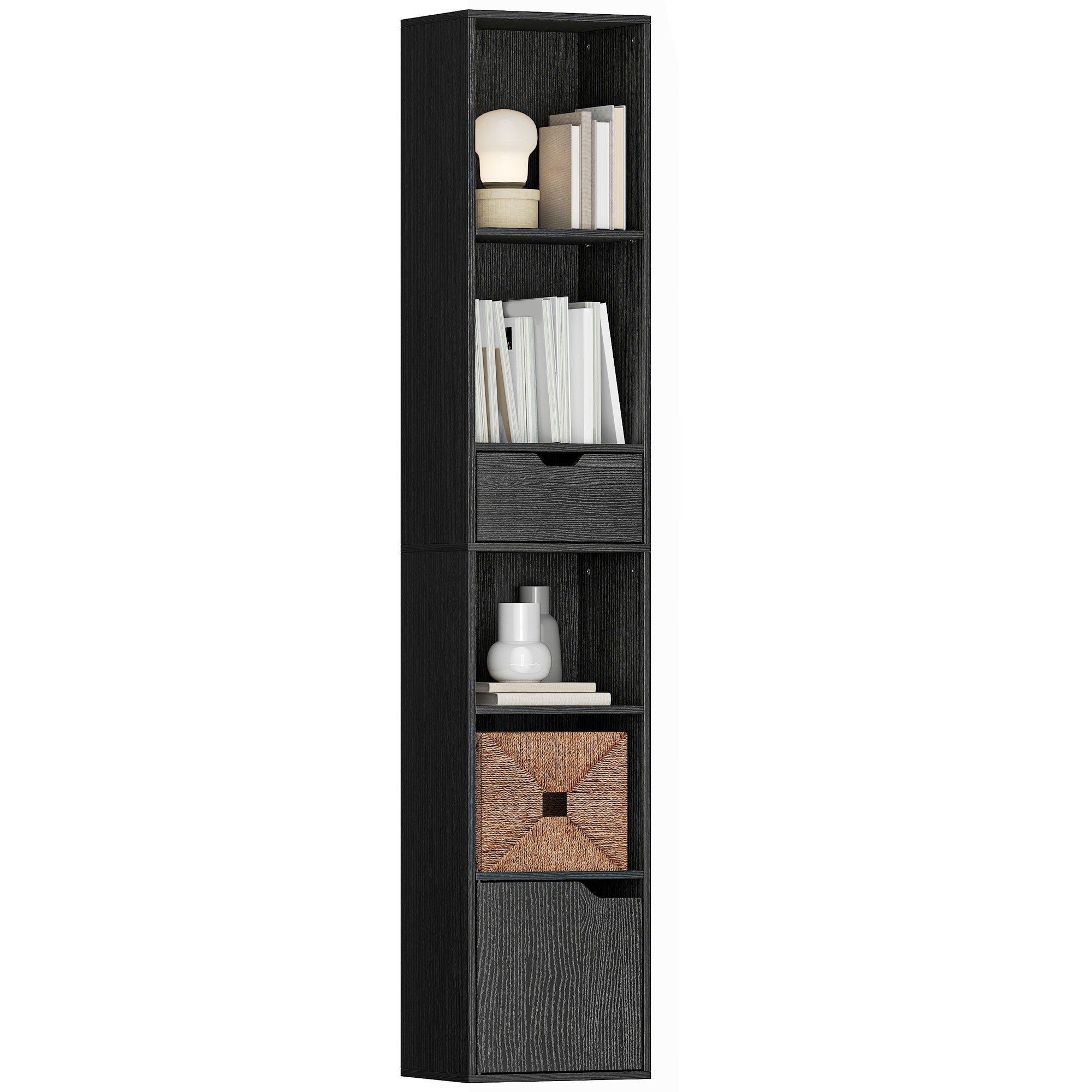 6-Tier Bookcase, Tall Narrow Bookshelf with Drawer, Door, Adjustable Shelf, Modern Display Standing Shelving Unit for Living Room, Home Office, Bedroom, 30 x 24 x 158 cm, Black