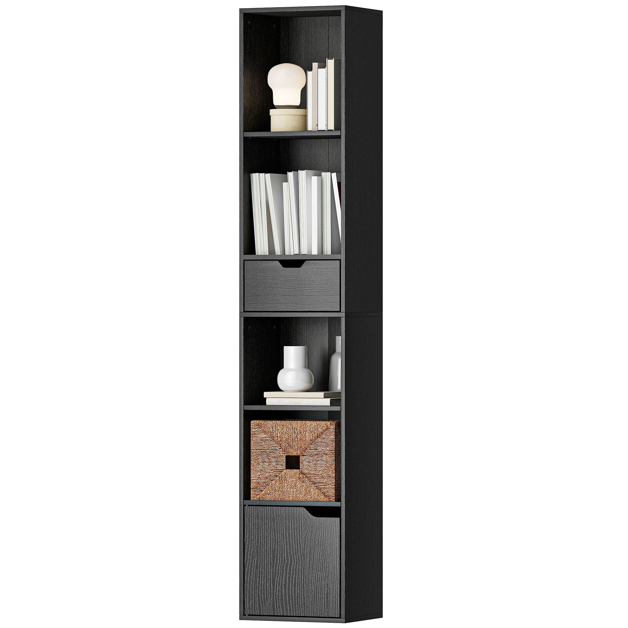 6-Tier Bookcase, Tall Narrow Bookshelf with Drawer, Door, Adjustable Shelf, Modern Display Standing Shelving Unit for Living Room, Home Office, Bedroom, 30 x 24 x 158 cm, Black