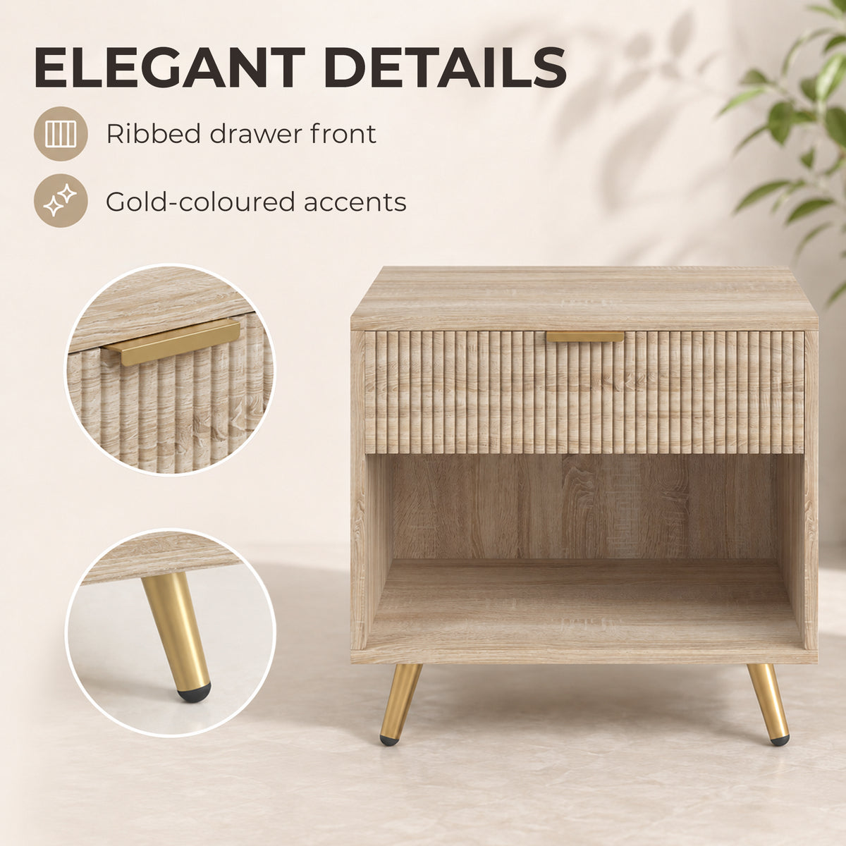 Bedside Table, Bedside Cabinet With Drawer and Open Compartment, Nightstand With Handle for Bedroom, Living Room, Natural Wood Finish