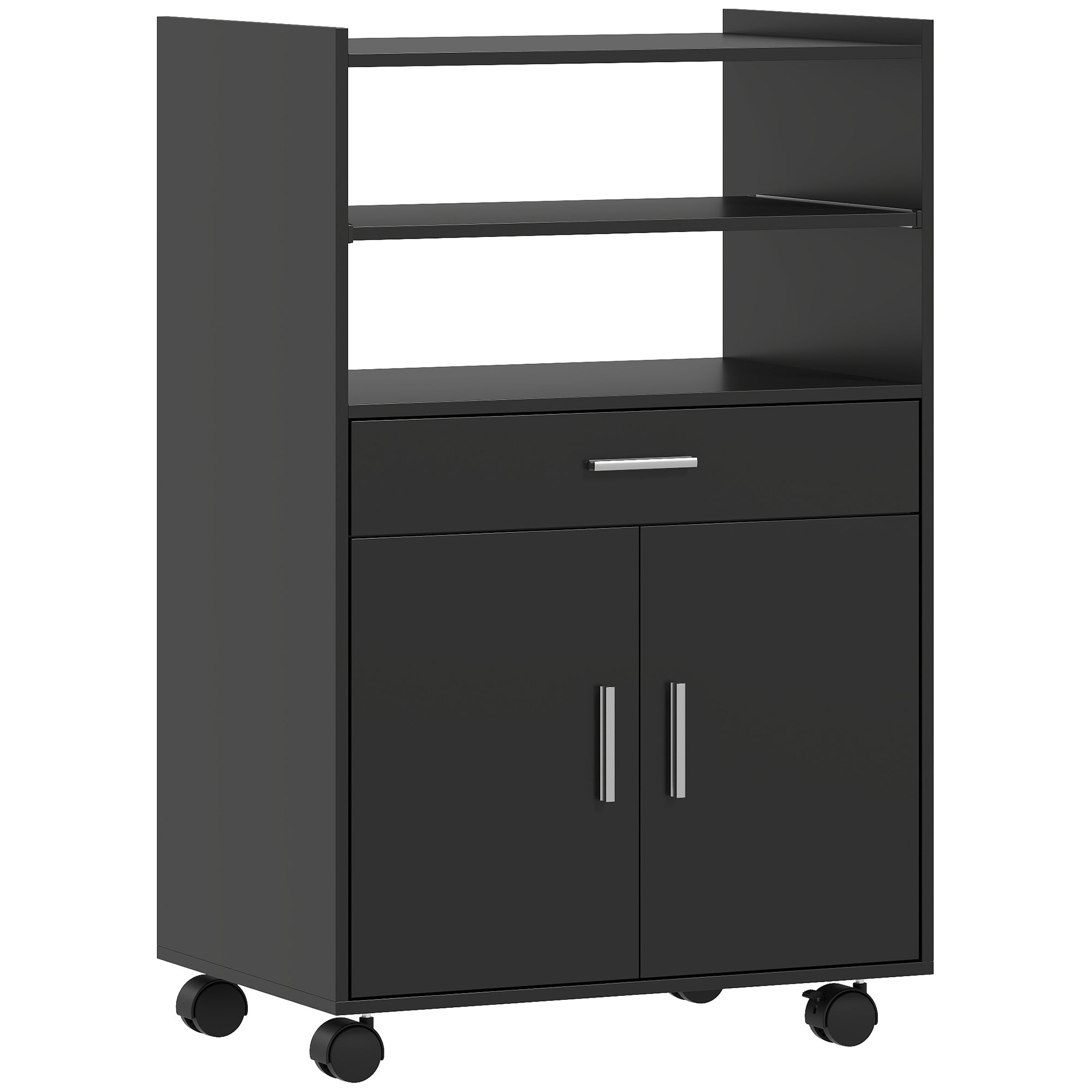 Microwave Cart with Wheels, Microwave Stand with Worktop, Open Shelves and Drawer, Storage Cabinet, Black