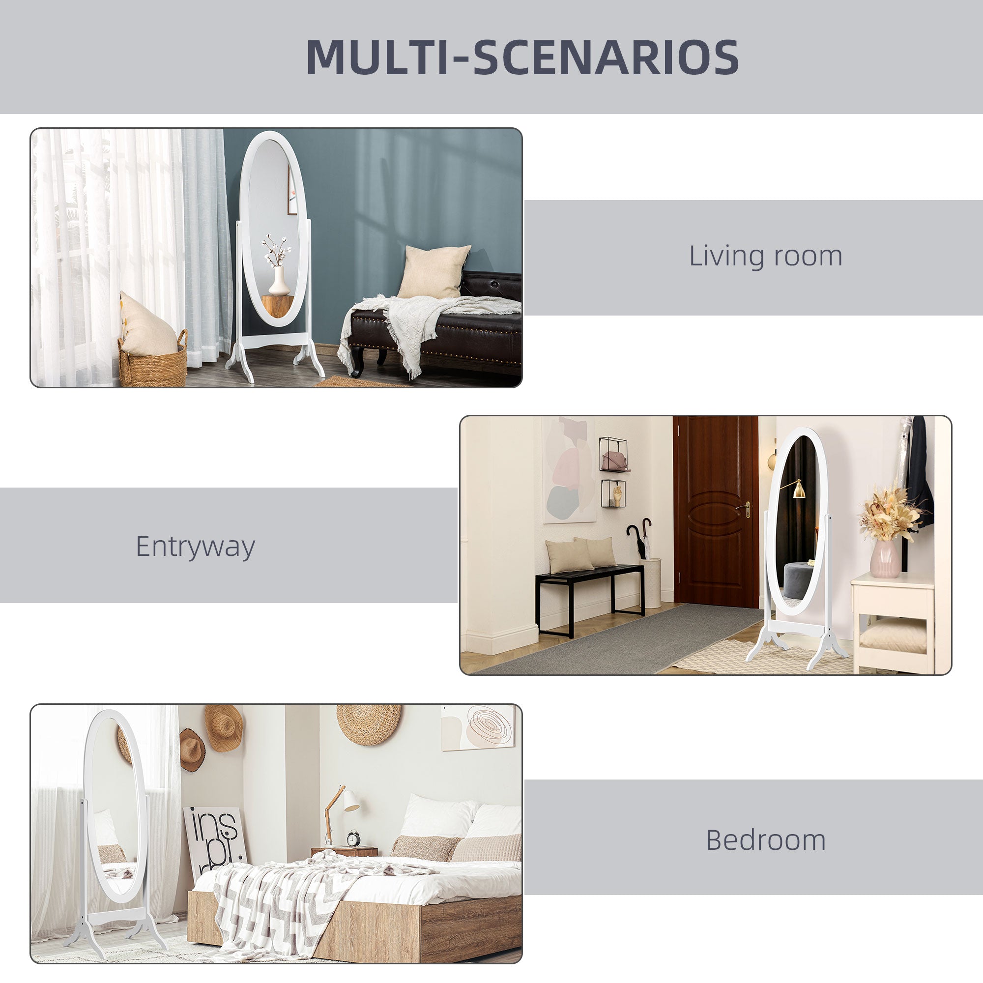 HOMCOM Full Length Mirror, Free Standing Mirror with Oval Frame, Adjustable Angle for Dressing Room, Bedroom, Living Room, White