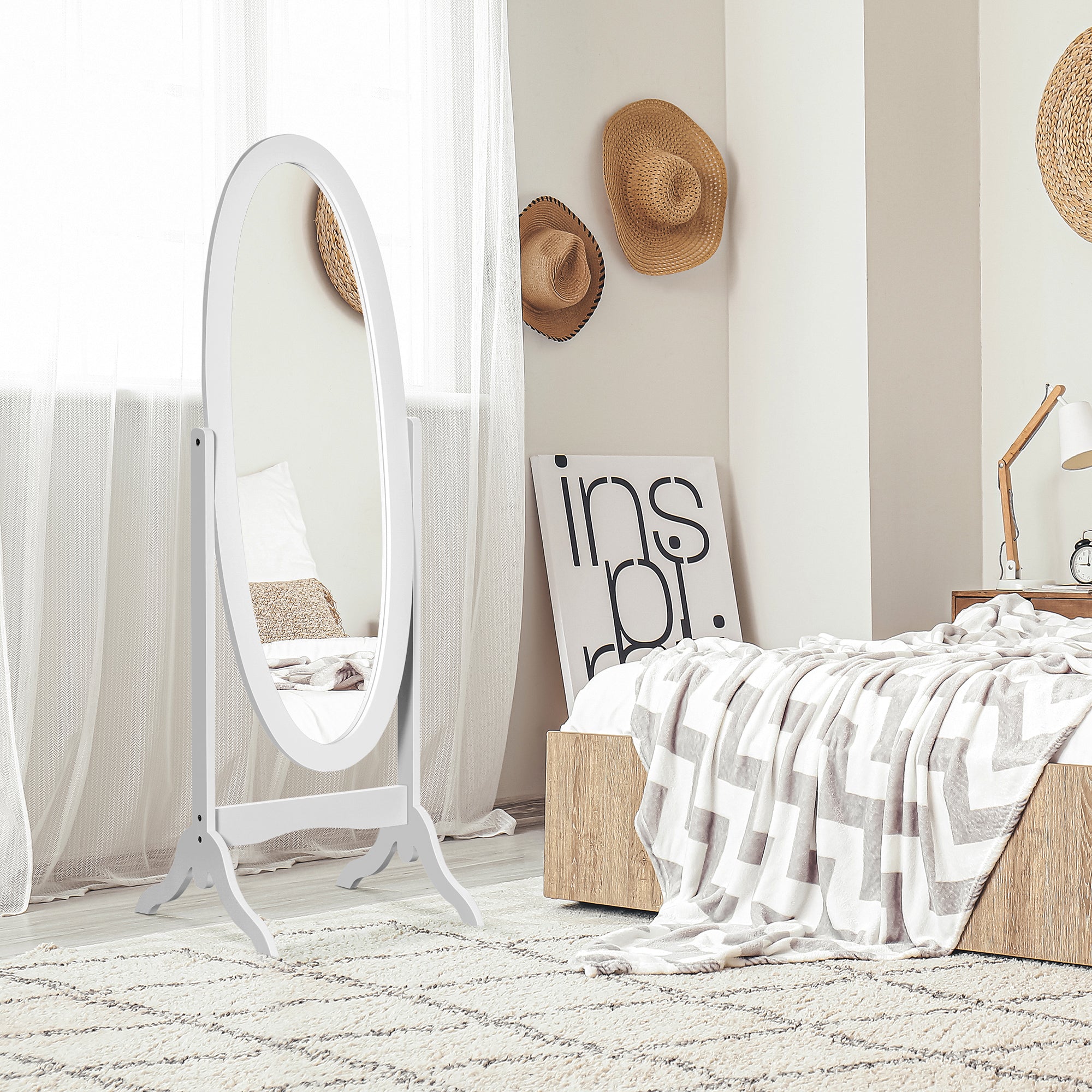 HOMCOM Full Length Mirror, Free Standing Mirror with Oval Frame, Adjustable Angle for Dressing Room, Bedroom, Living Room, White