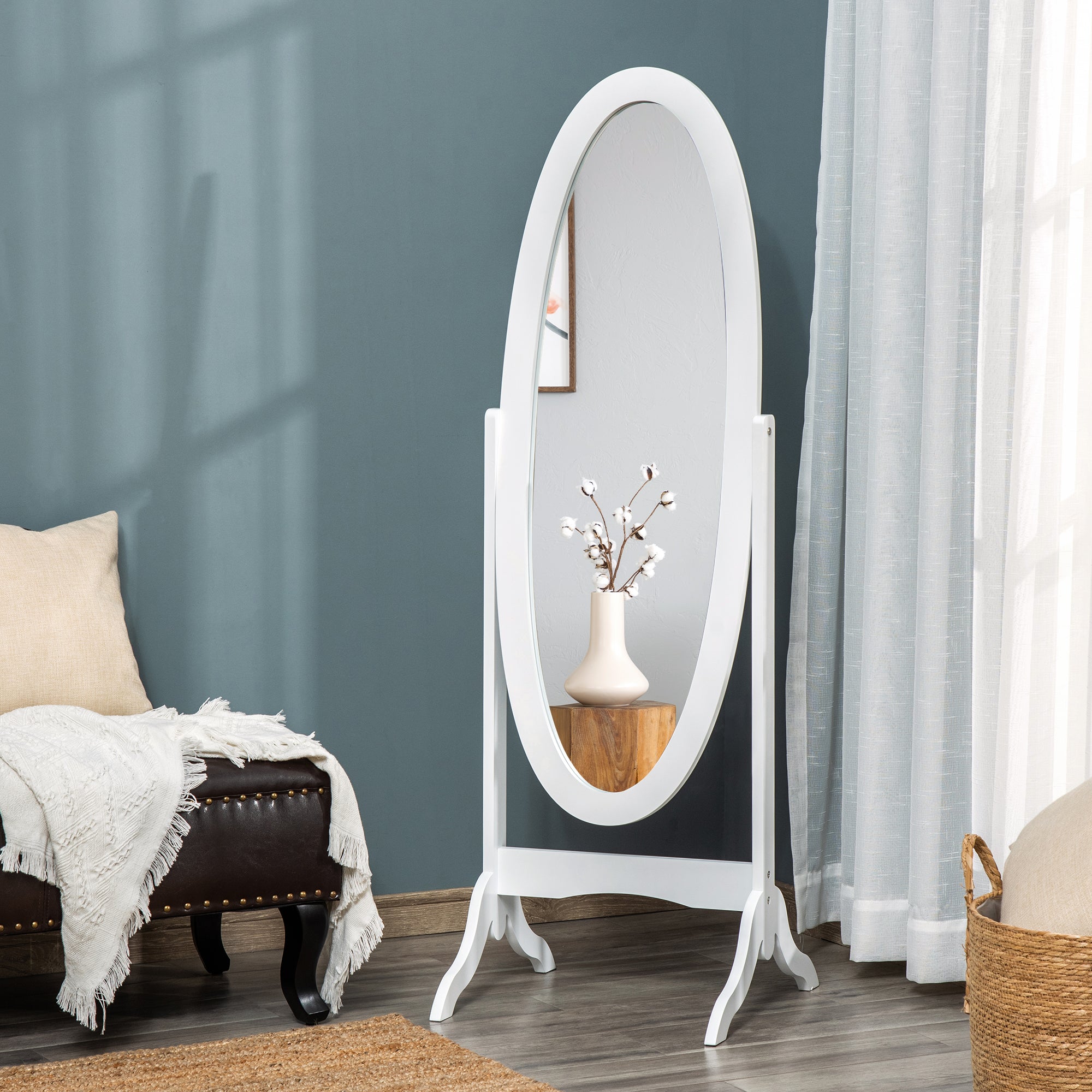 HOMCOM Full Length Mirror, Free Standing Mirror with Oval Frame, Adjustable Angle for Dressing Room, Bedroom, Living Room, White