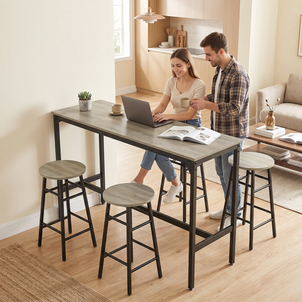 5 Piece Bar Table Set with 4 Stools, Industrial Bar Table and Stool Set, Dining Table and Chair Set for Small Space, Grey Wood Effect