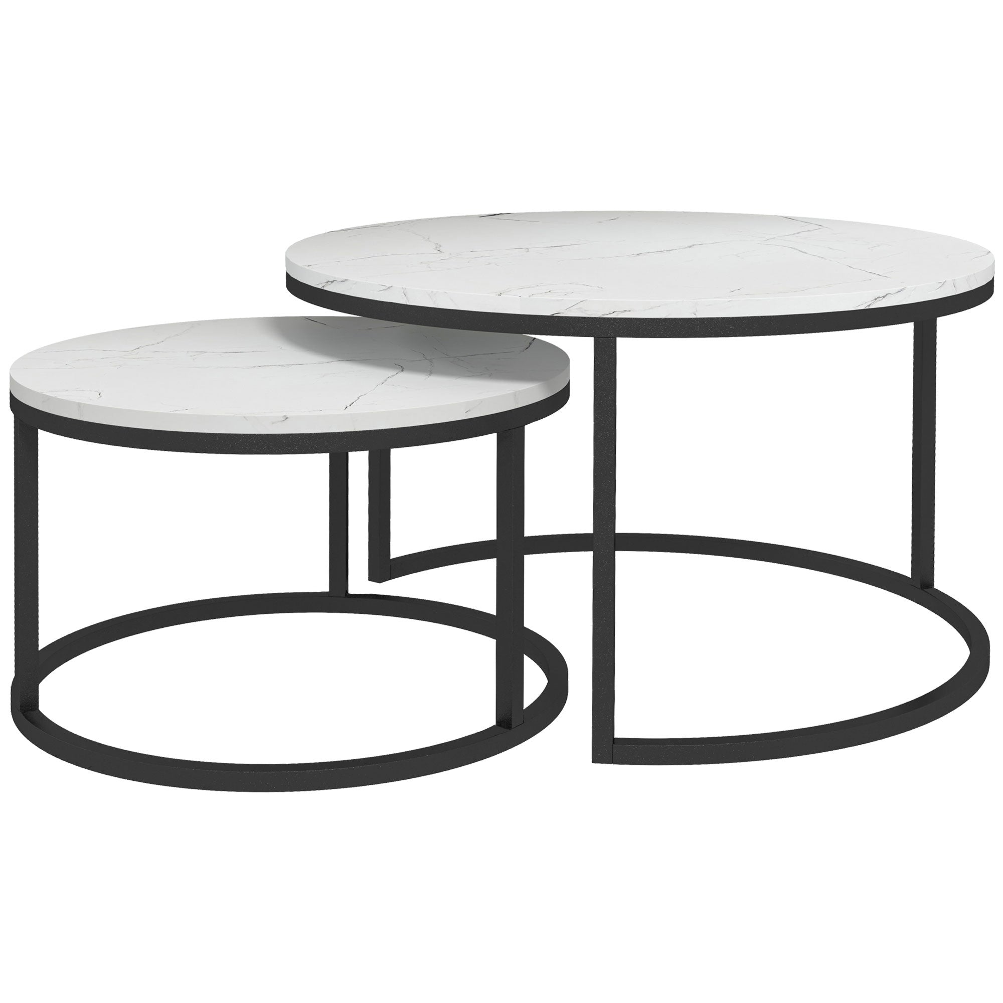 HOMCOM Nesting Tables, 31" Round Coffee Table Set of 2, Modern Side Tables for Living Room with Metal Base, Faux Marbled White