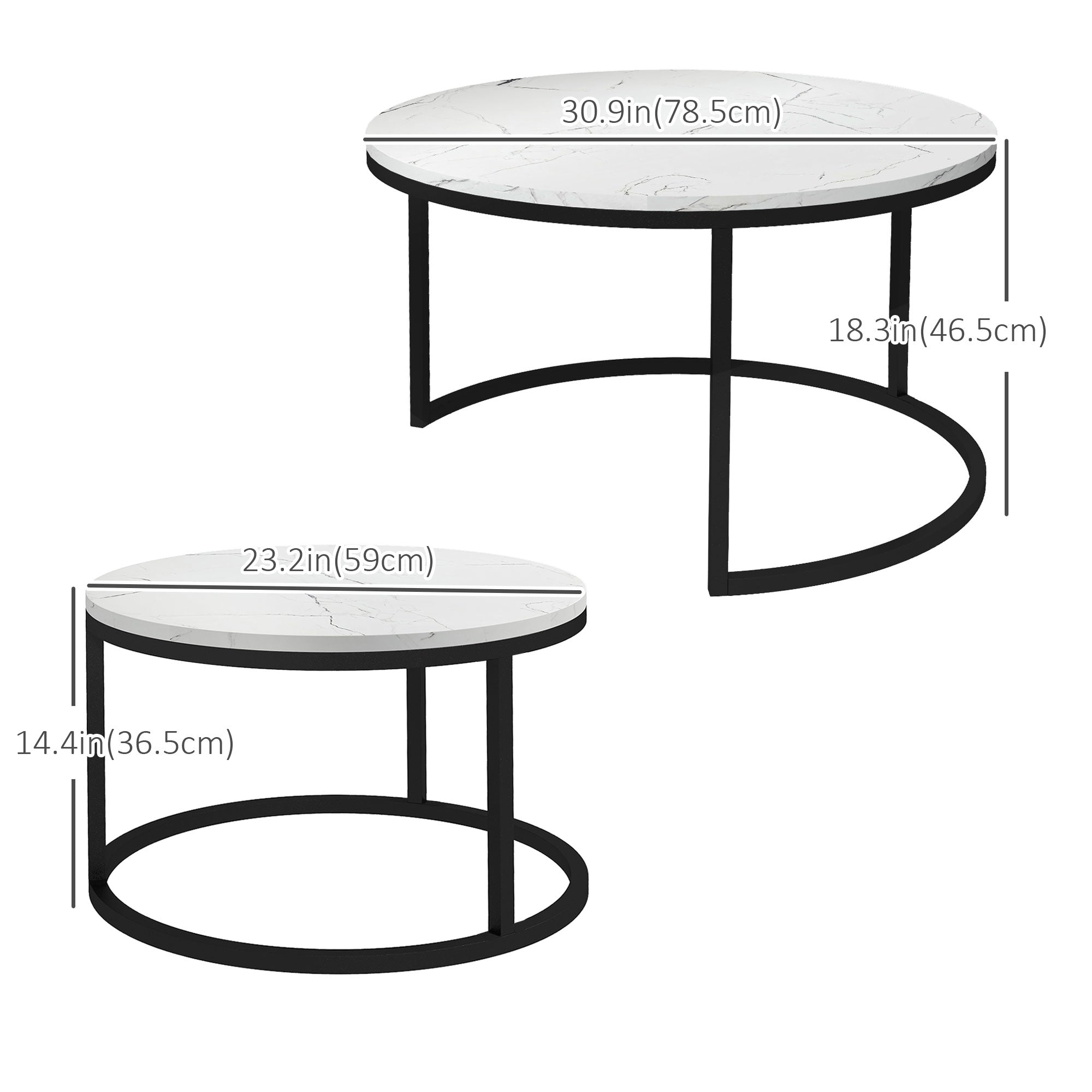 HOMCOM Nesting Tables, 31" Round Coffee Table Set of 2, Modern Side Tables for Living Room with Metal Base, Faux Marbled White