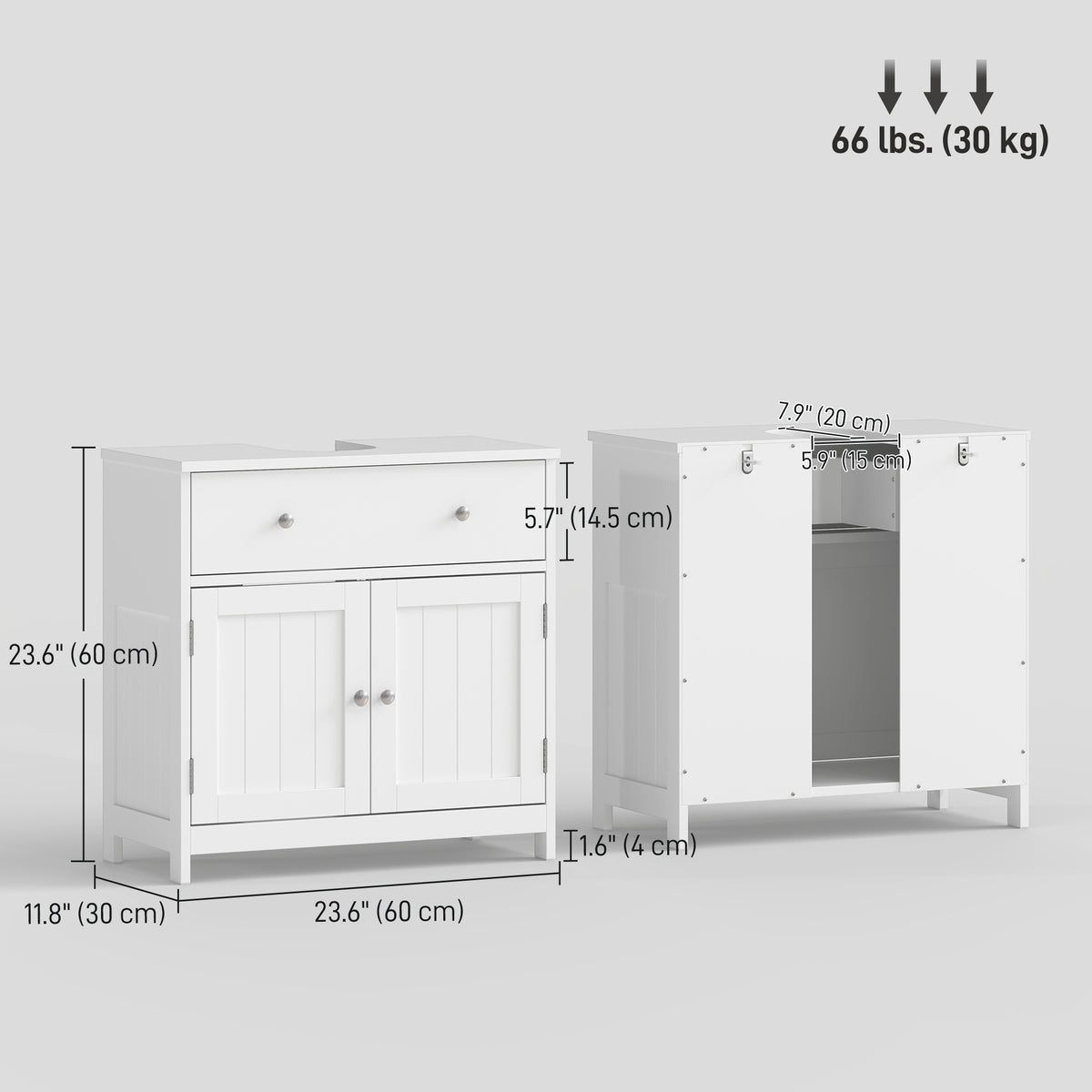 23.6" Modern Bathroom Vanity Cabinet, Freestanding Under Sink Cabinet with Drawer and 2 Doors, U-Shape Cutout for Pedestal Sink, White