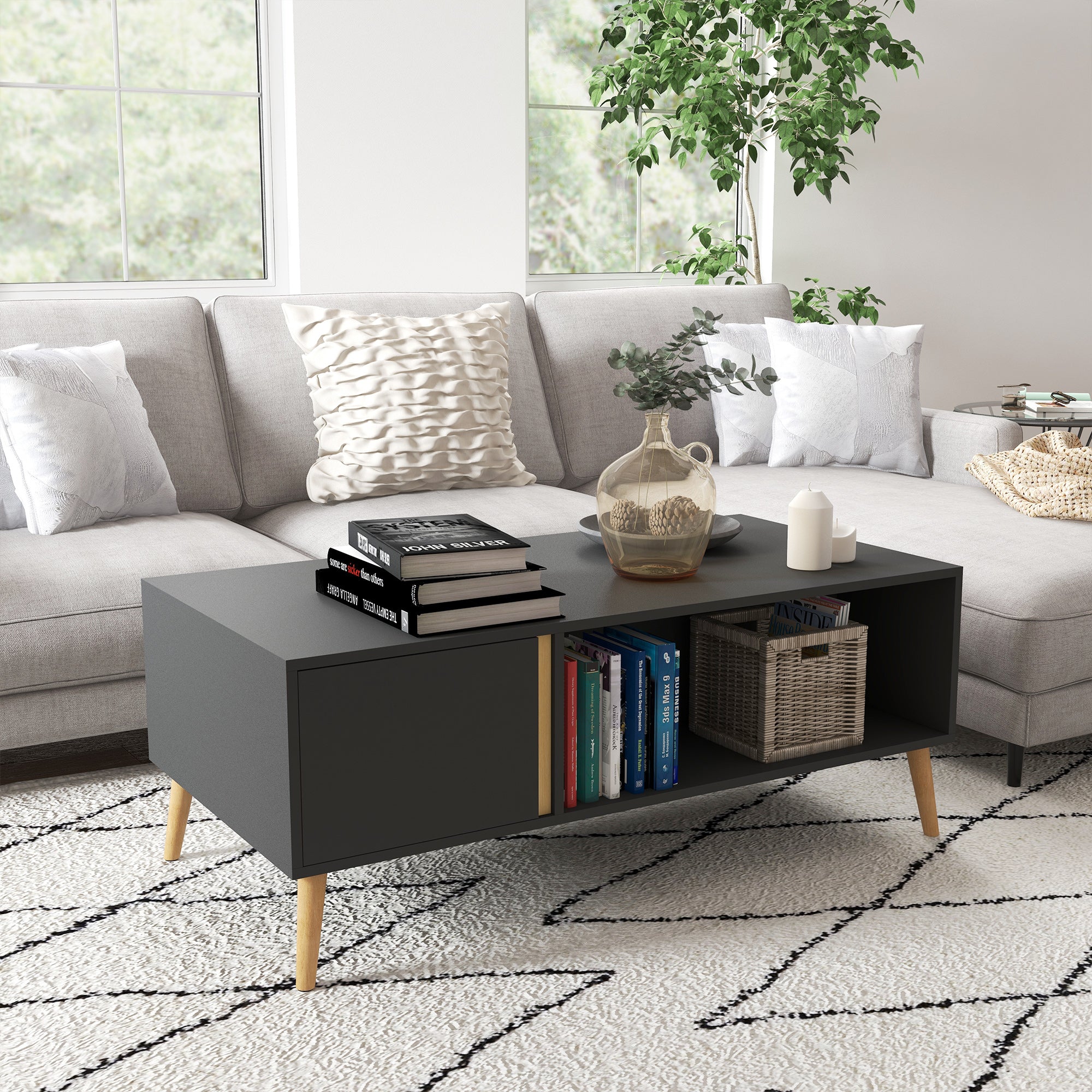 HOMCOM Coffee Table for Living Room, Modern Centre Table with Storage Compartments and Cabinets, Rectangular Side Table, 115x 58x 45cm, Grey