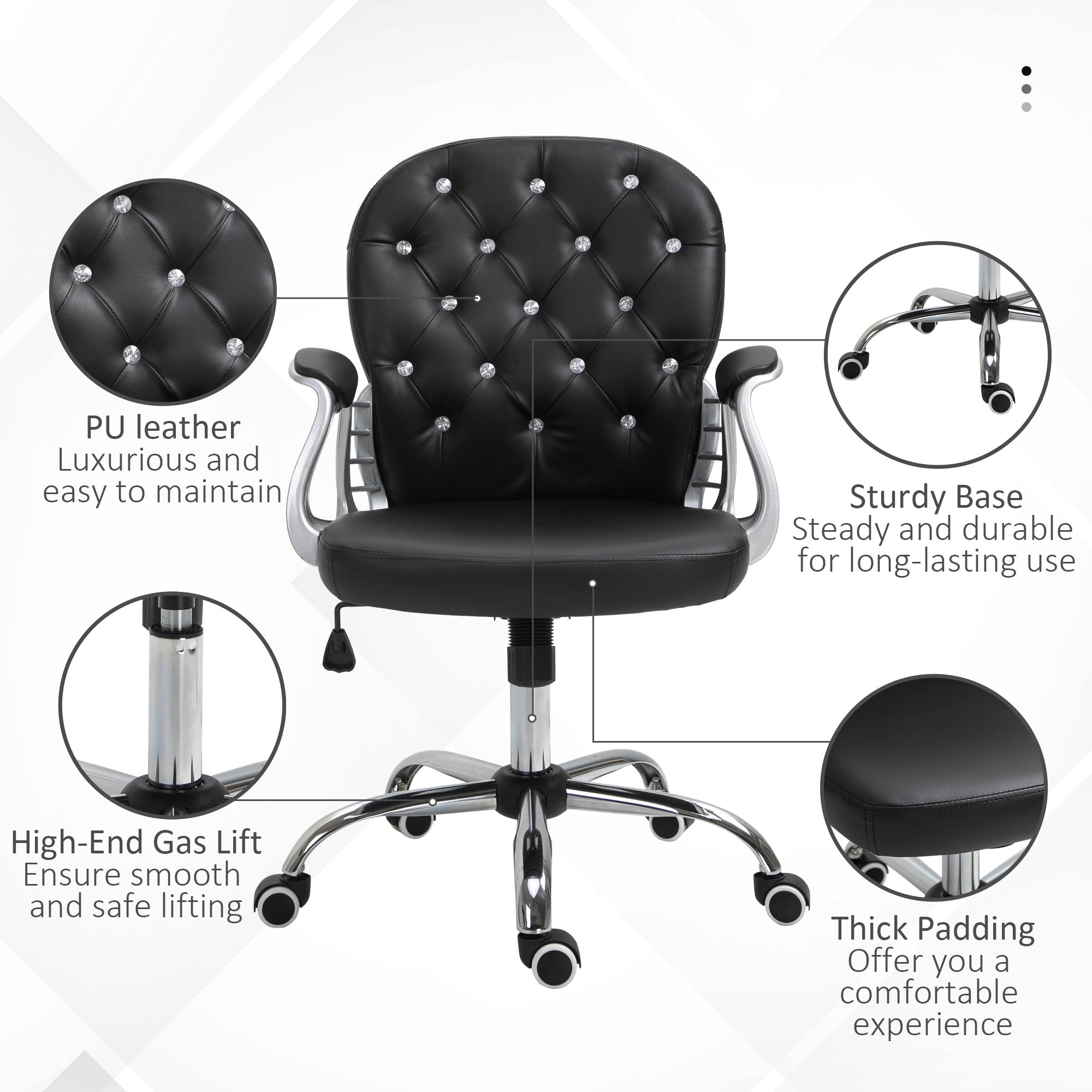 Vinsetto Faux Leather Vanity Office Chair, Button Tufted Swivel Chair with Adjustable Height, Padded Armrests and Tilt Function, Black