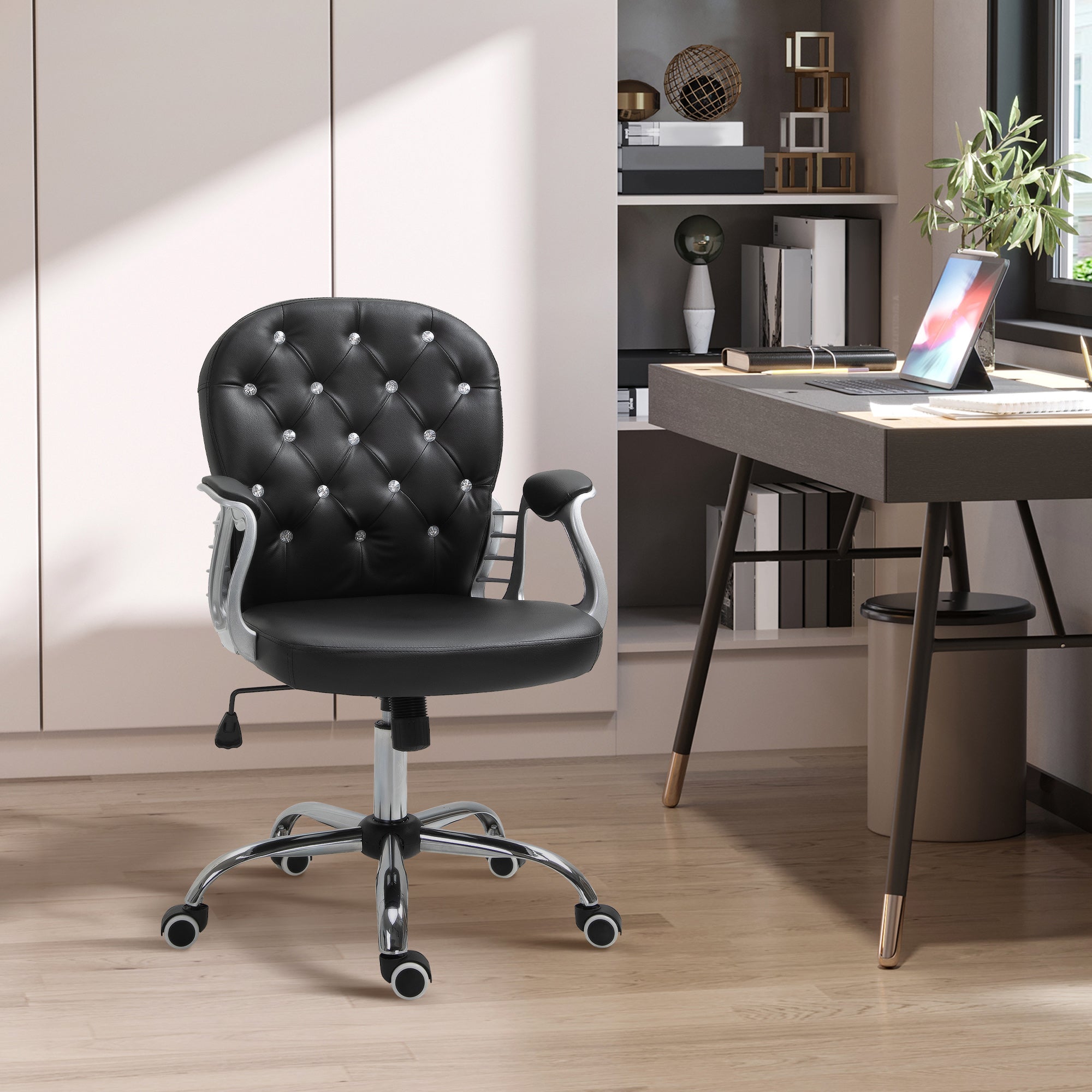 Vinsetto Faux Leather Vanity Office Chair, Button Tufted Swivel Chair with Adjustable Height, Padded Armrests and Tilt Function, Black