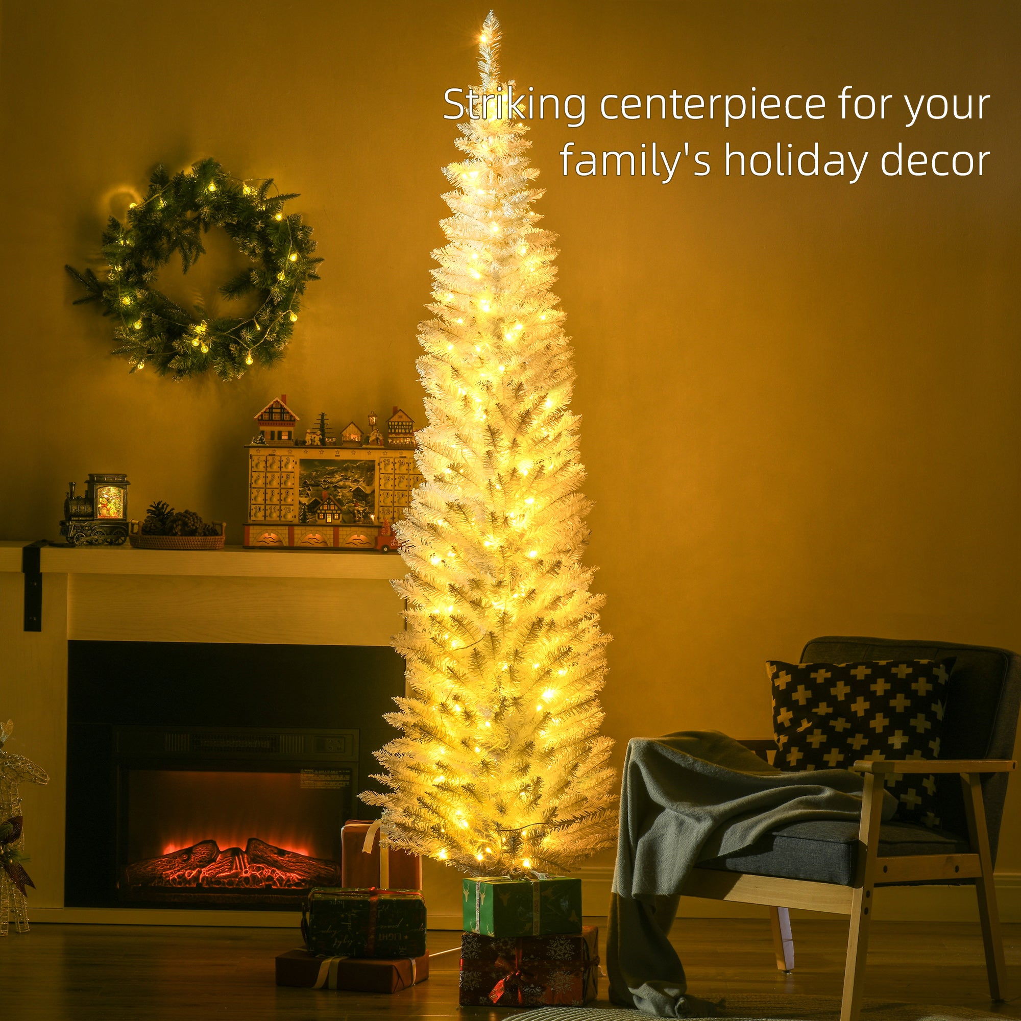 7ft Pencil Christmas Tree Slim Artificial Tree with Realistic Branches and Warm White LED Lights White